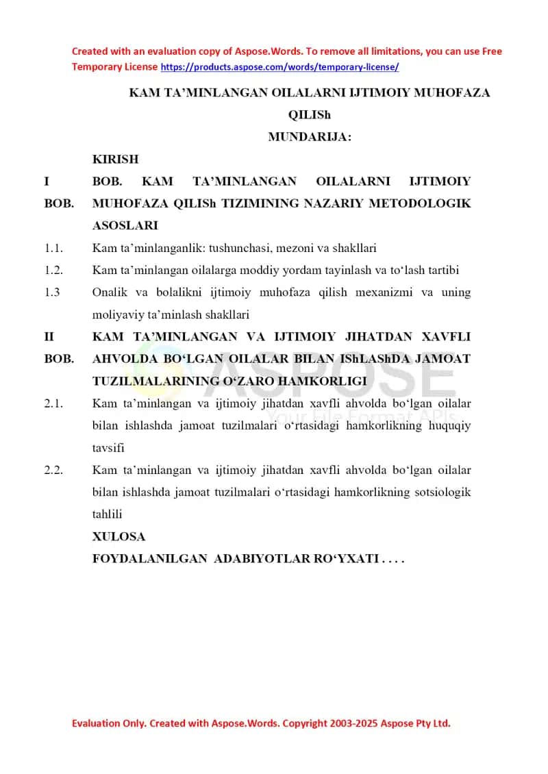Kam ta'minlangan oilalarni ijtimoiy muhofaza qilish kurs ishi