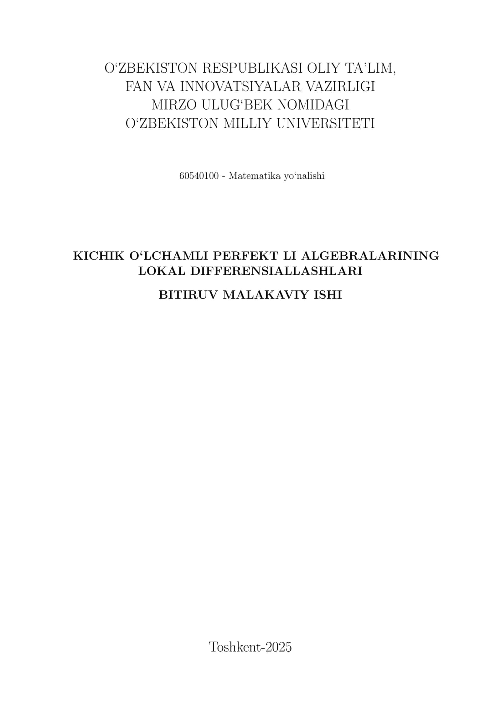 KICHIK O‘LCHAMLI PERFEKT LI ALGEBRALARINING LOKAL DIFFERENSIALLASHLARI