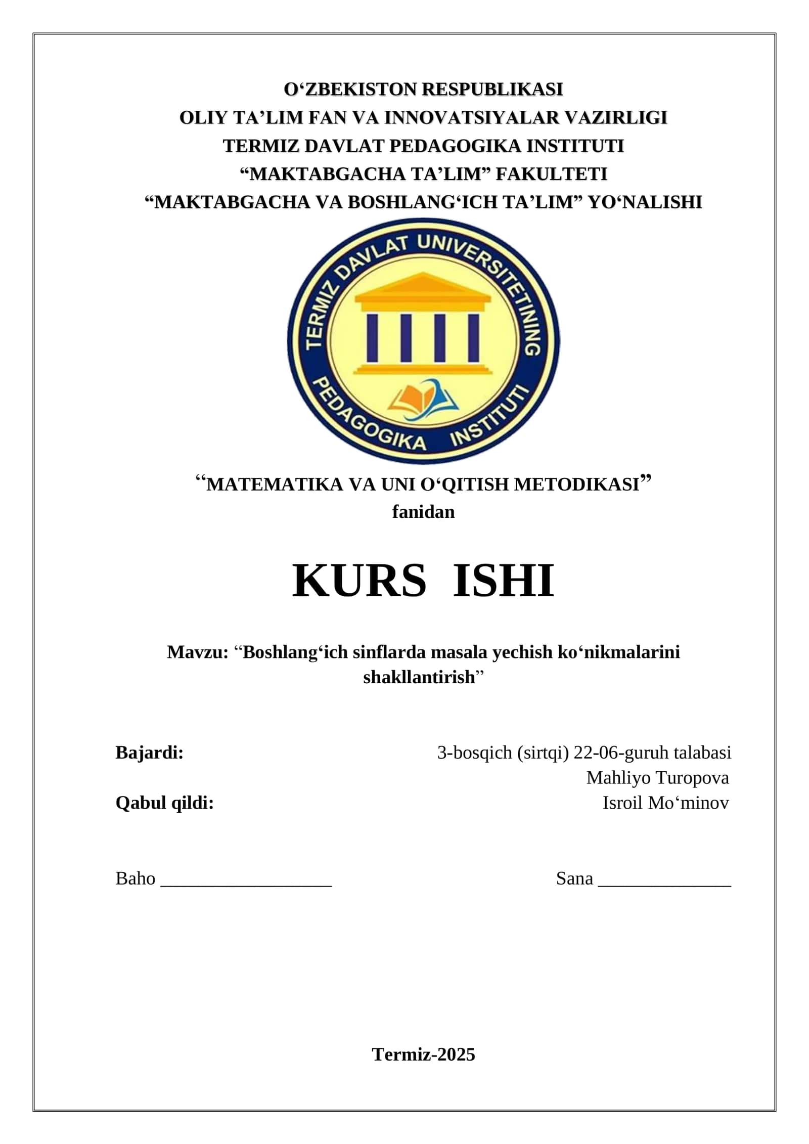 "MATEMATIKA VA UNI O‘QITISH METODIKASI"