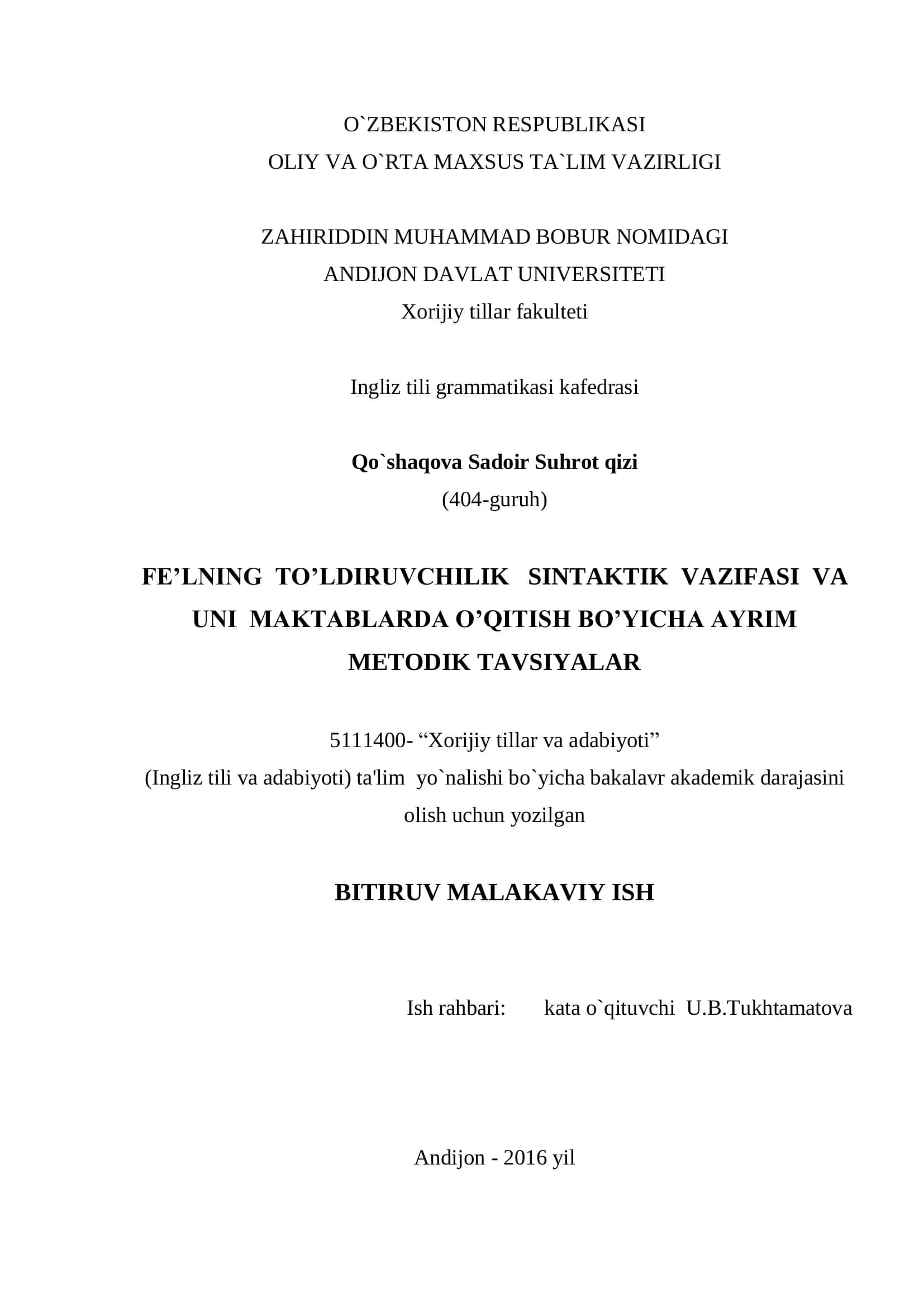 Fe'lning to'ldiruvchilik sintaktik vazifasi