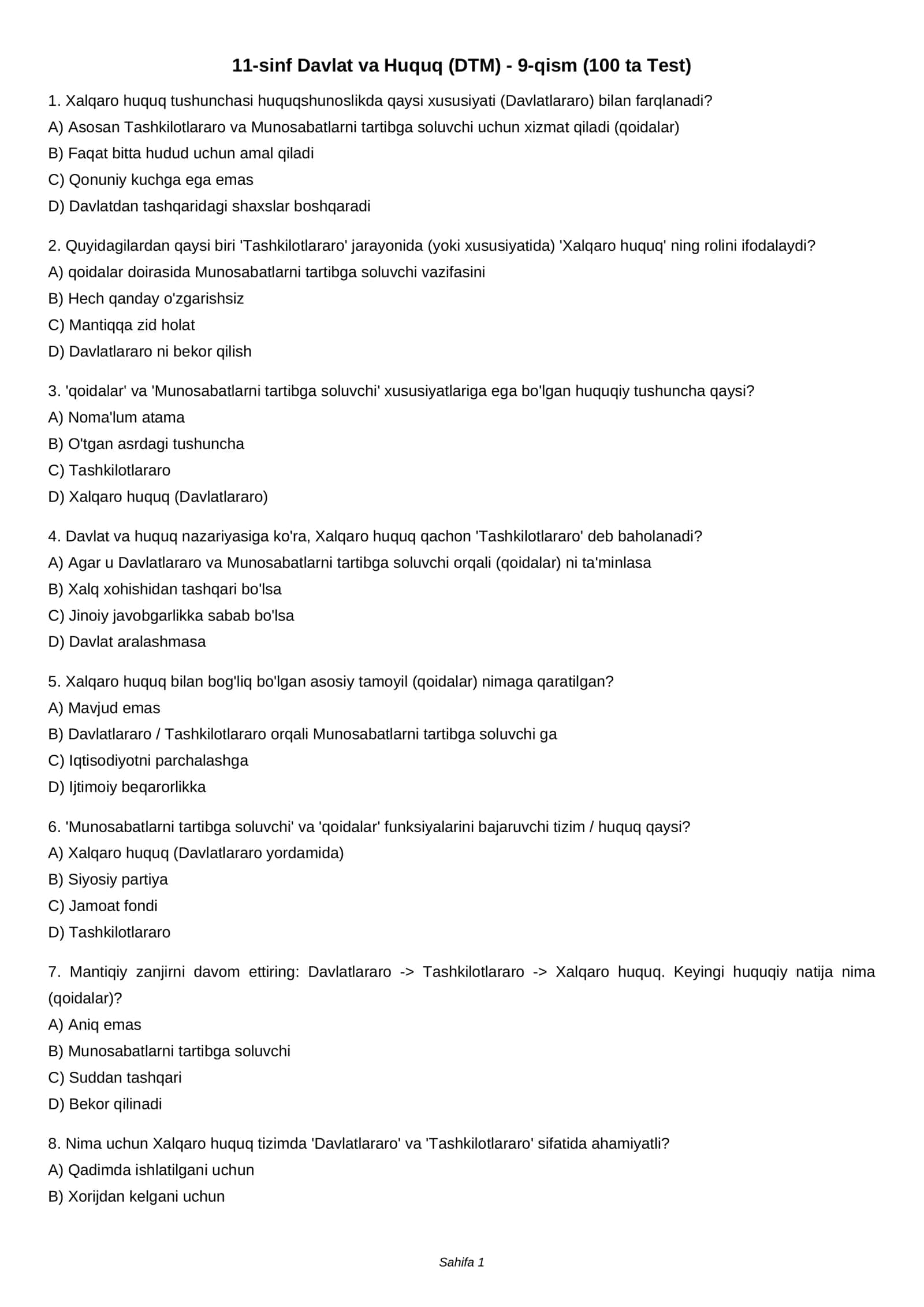 11-sinf Davlat va Huquq (DTM) - 9-qism (100 ta Test)