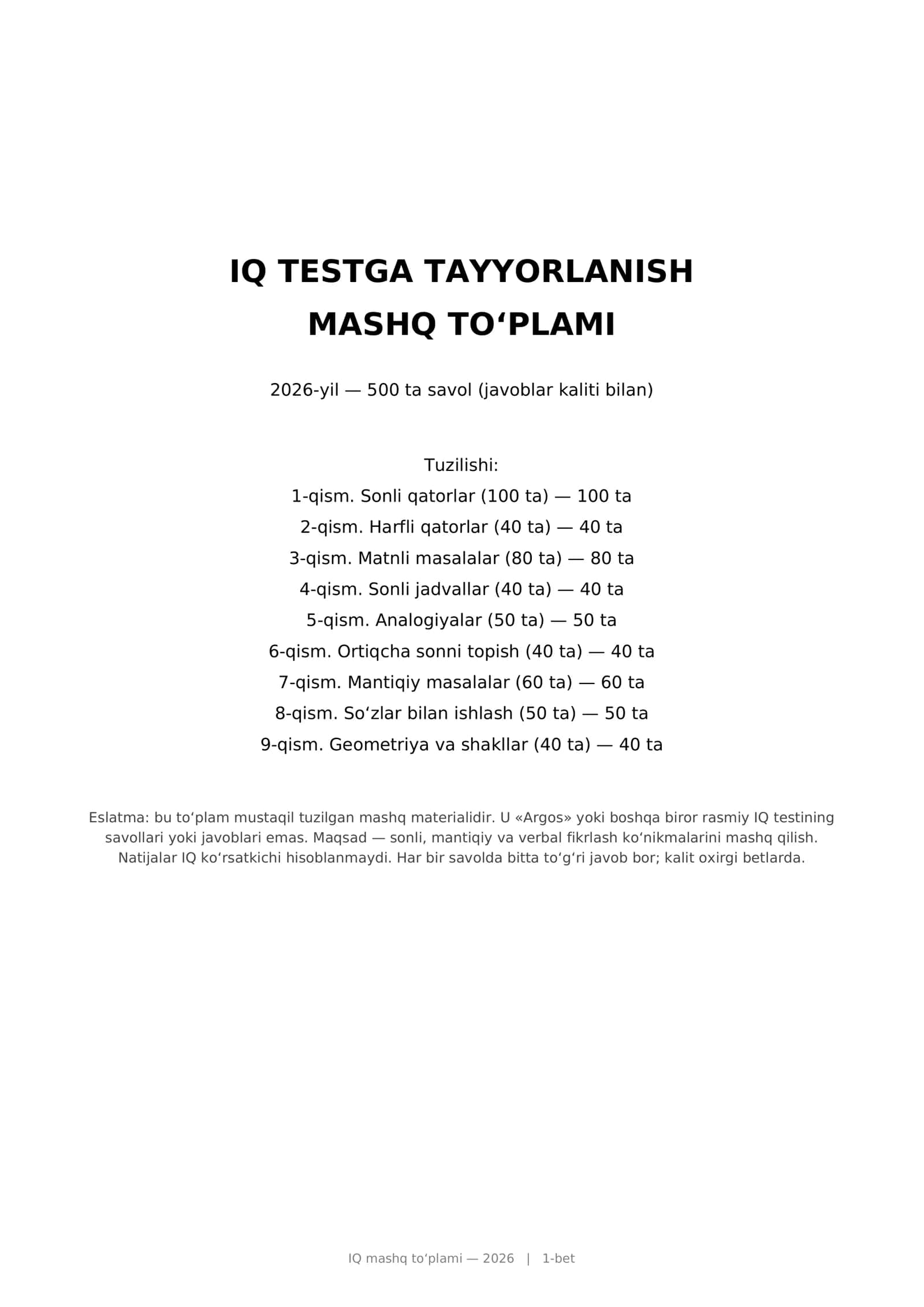 IQ mashq toʻplami — 2026
