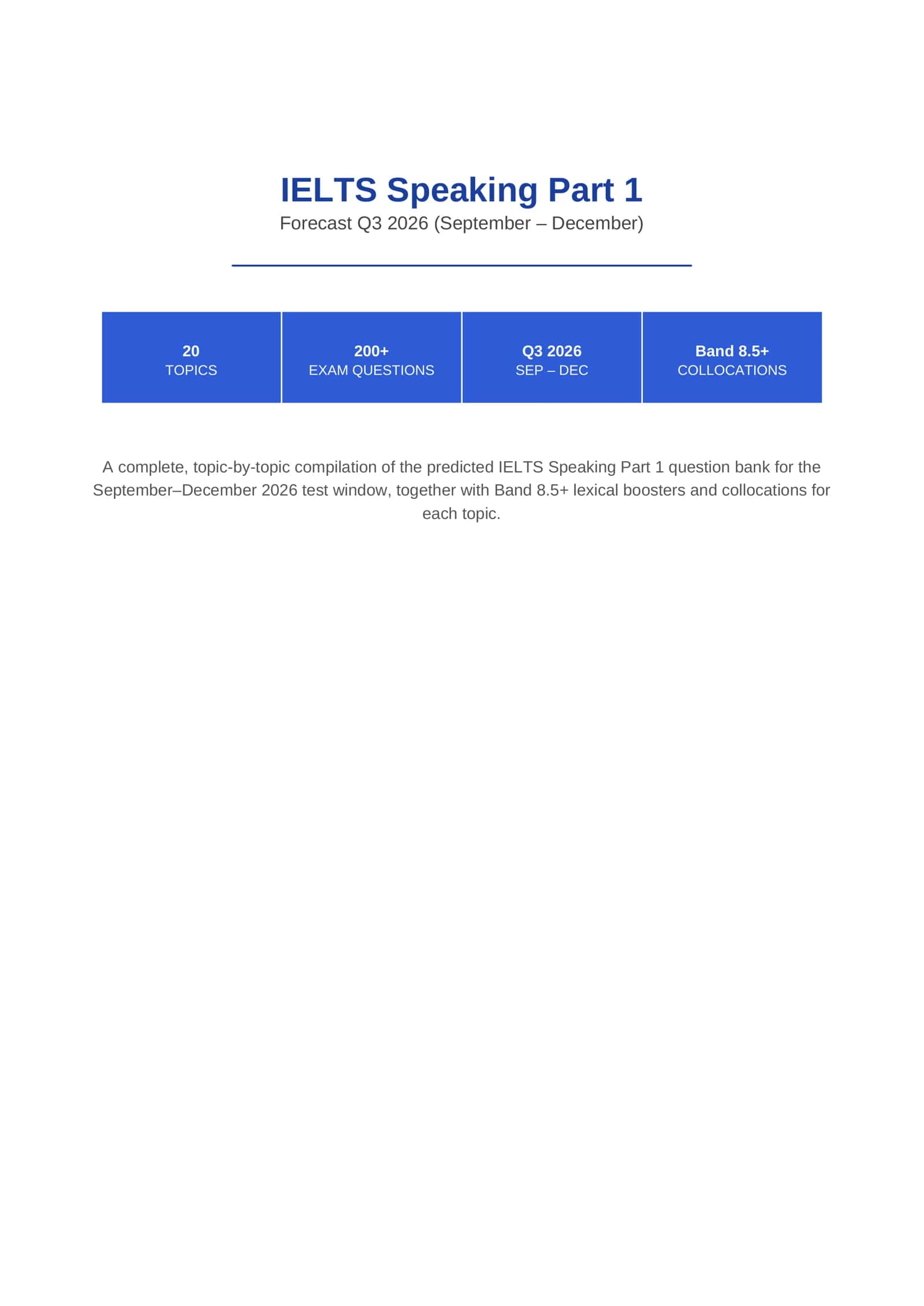 IELTS Speaking Part 1 Forecast Q3 2026 (September – December)