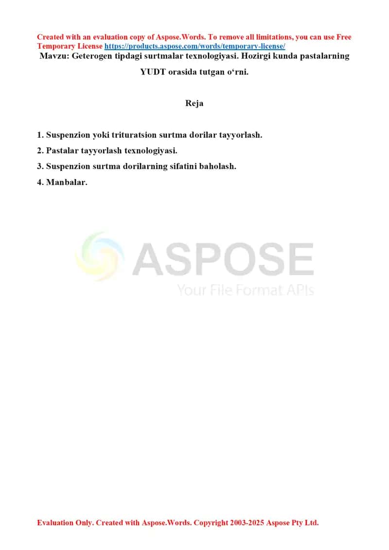 Geterogen tipdagi surtmalar texnologiyasi. Hozirgi kunda pastalarning YUDT orasida tutgan o'rni. Referat, 7 sahifa.