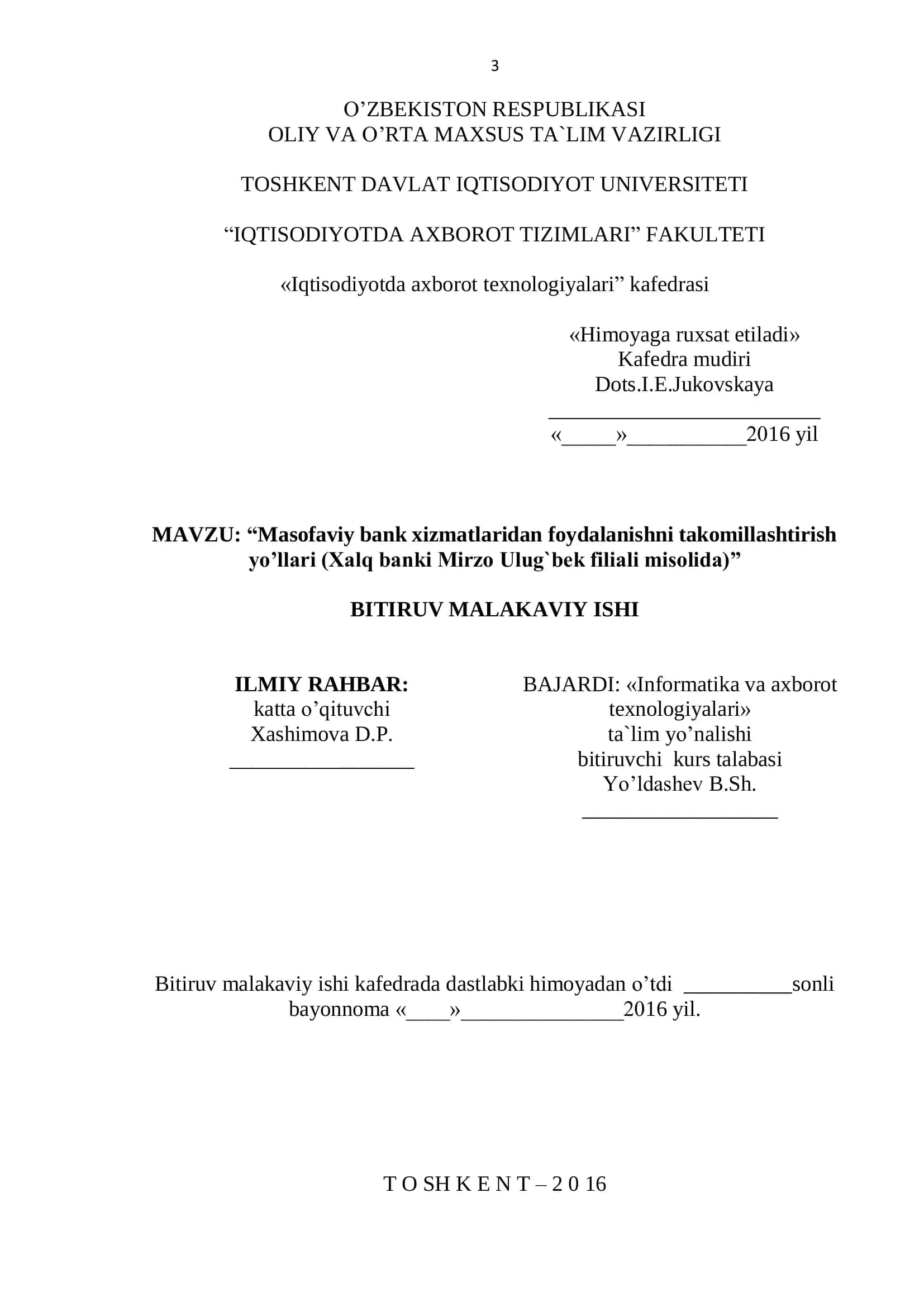 Masofaviy bank xizmatlaridan foydalanishni takomillashtirish yo’llari (Xalq banki Mirzo Ulug`bek filiali misolida)