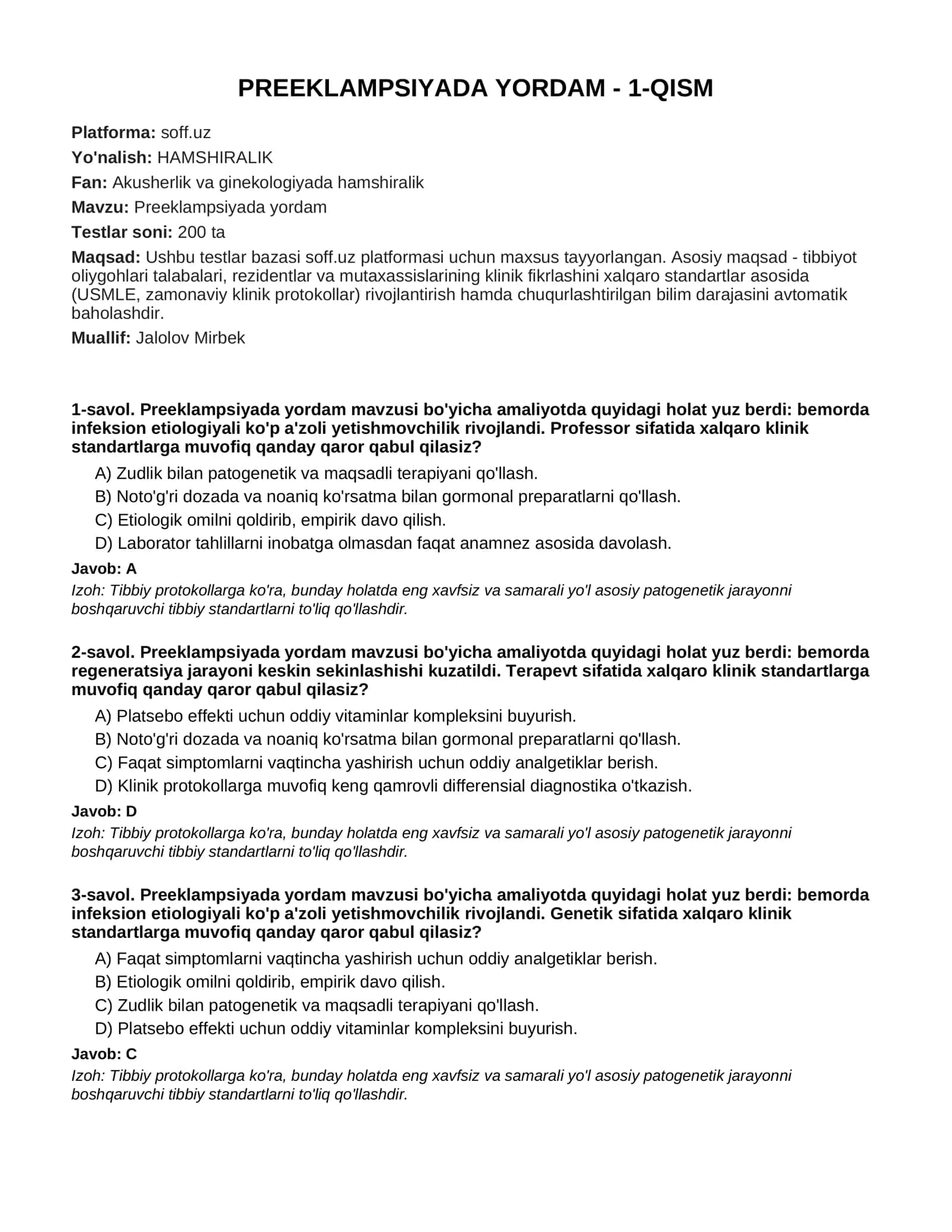 PREEKLAMPSIYADA YORDAM - 1-QISM