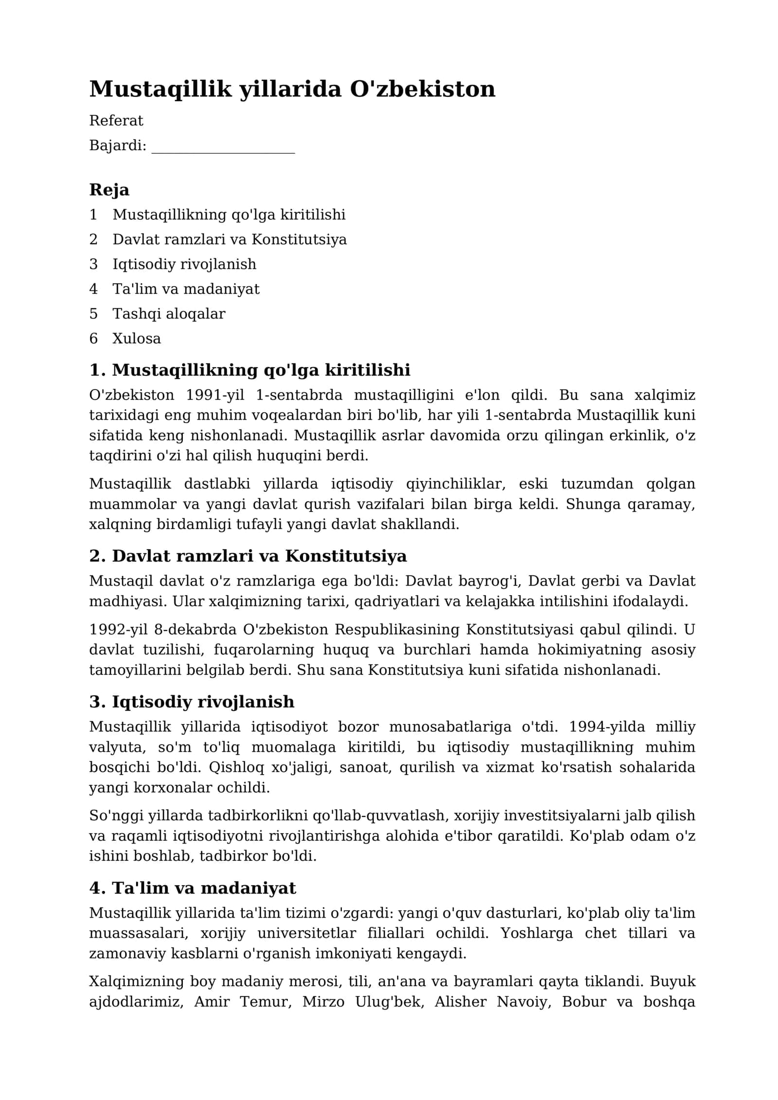 Mustaqillik yillarida O'zbekiston