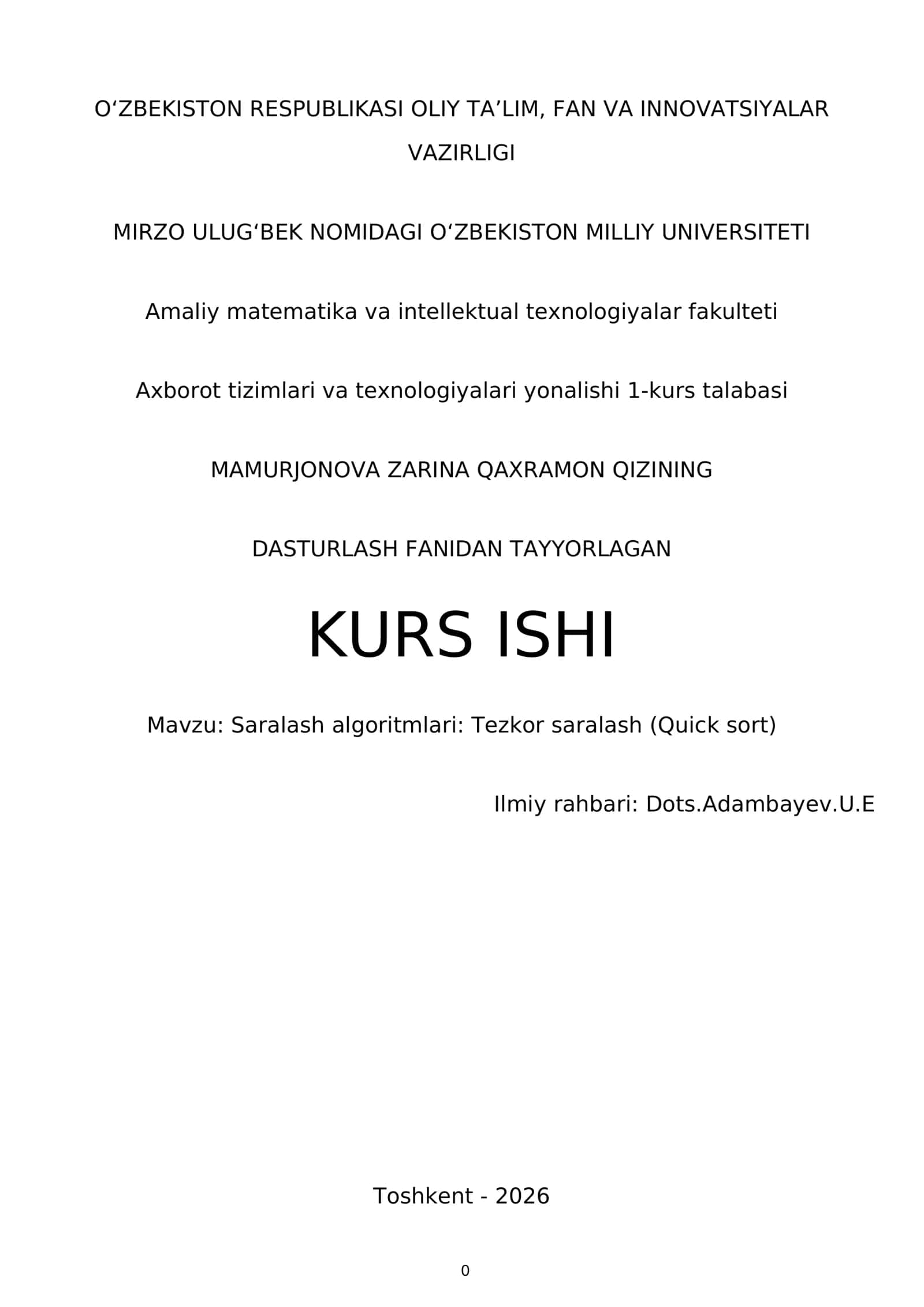 Tezkor saralash (Quick sort)