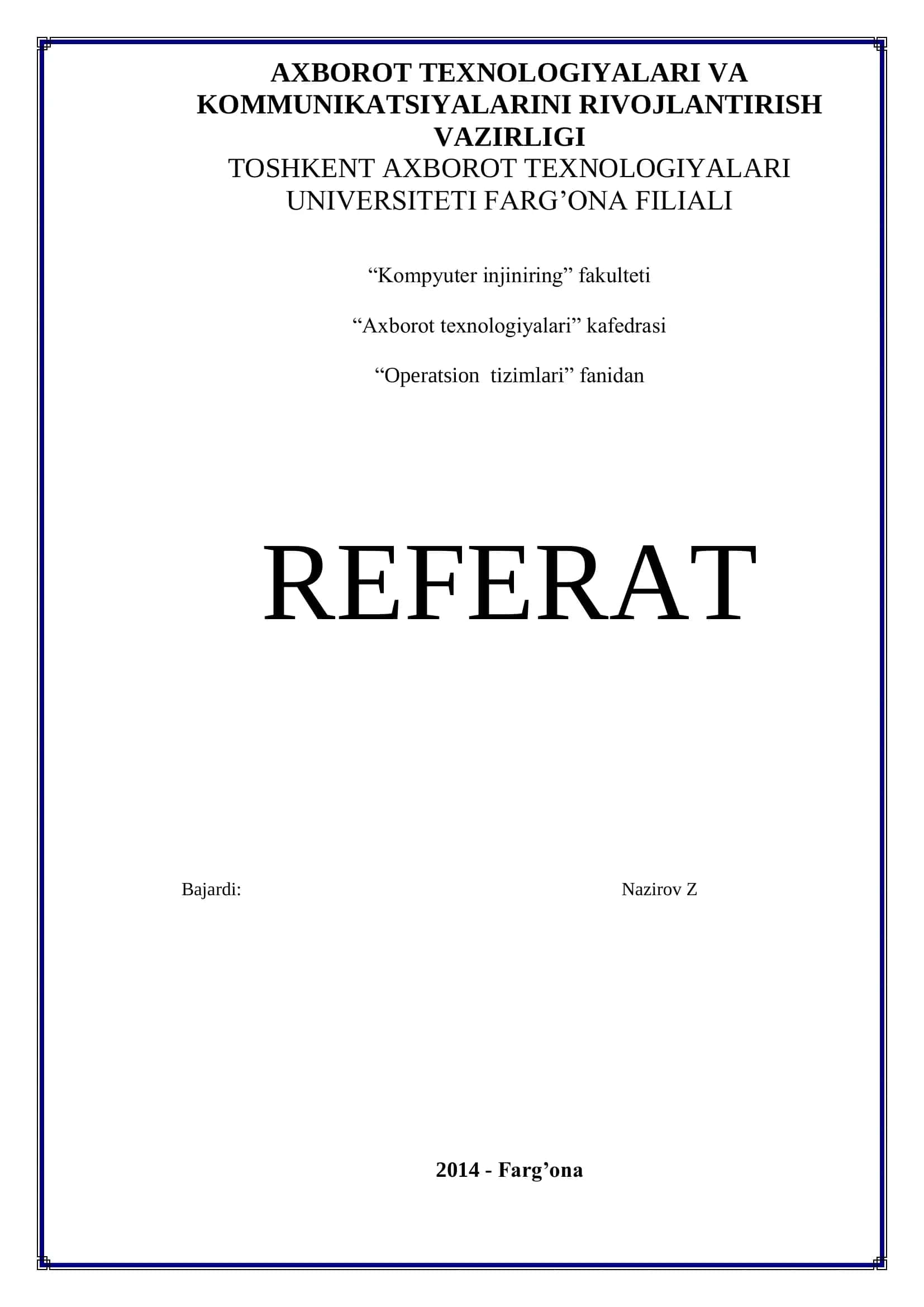 Kompyuter injiniring "Operatsion tizimlari" referat