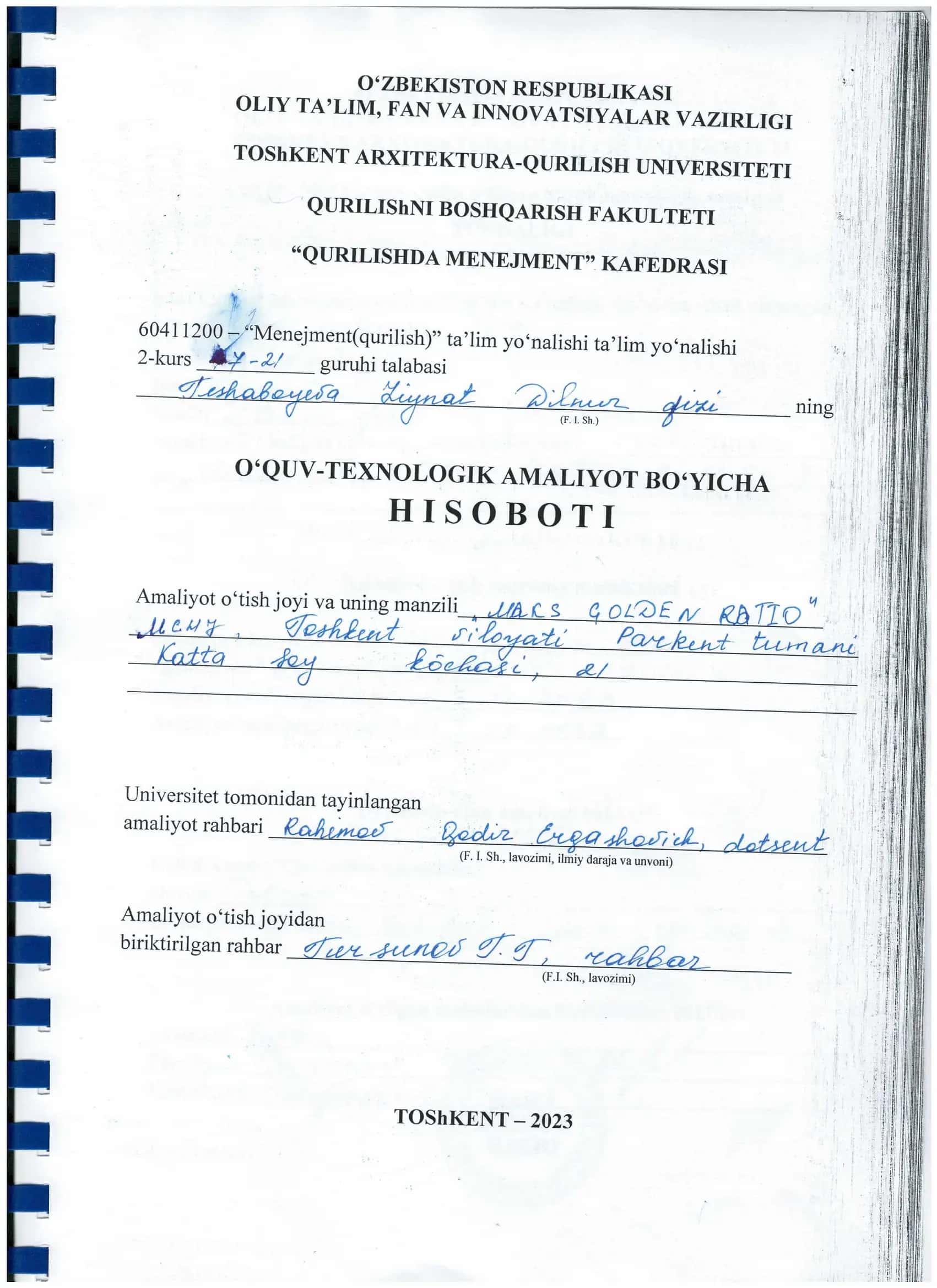 Menejment(qurilish)” ta’lim yo‘nalishi bo'yicha amaliyot hisoboti
