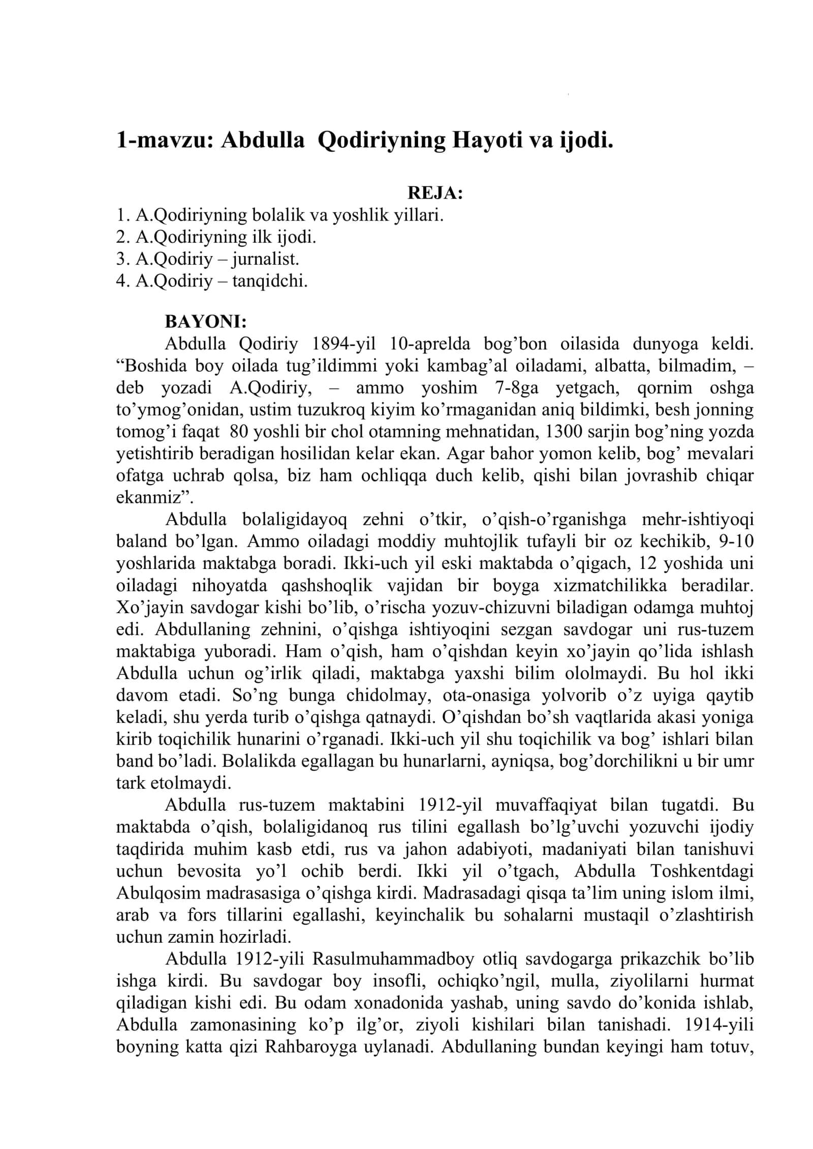 Abdulla Qodiriyning Hayoti va ijodi