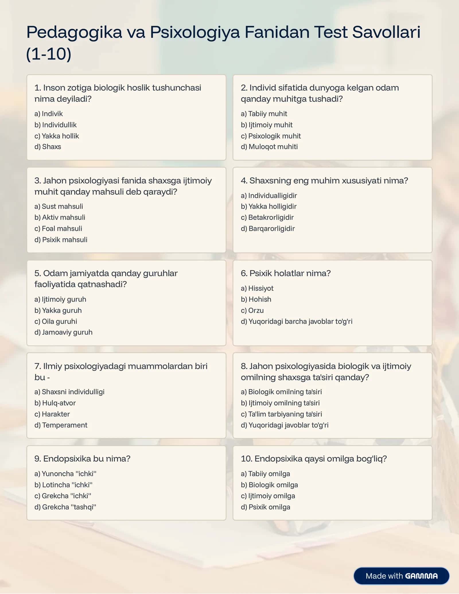Pedagogika va Psixologiya Fanidan Test Savollari