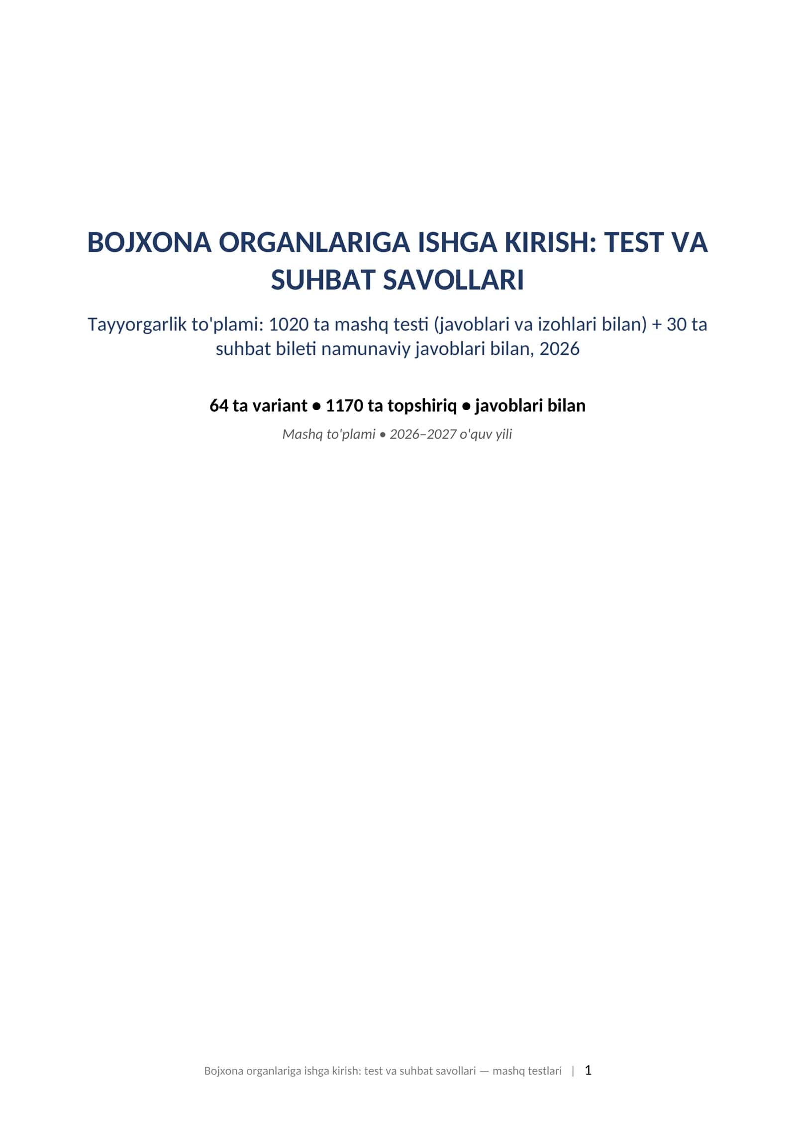 Bojxona ishga kirish test savollari 2026 javoblari bilan va suhbat savollari tayyorgarlik toplami. BOJXONA ORGANLARIGA ISHGA KIRISH: TEST VA SUHBAT SAVOLLARI Tayyorgarlik to'plami: 1020 ta mashq testi (javoblari va izohlari bilan) + 30 ta suhbat bileti namunaviy javoblari bilan, 2026