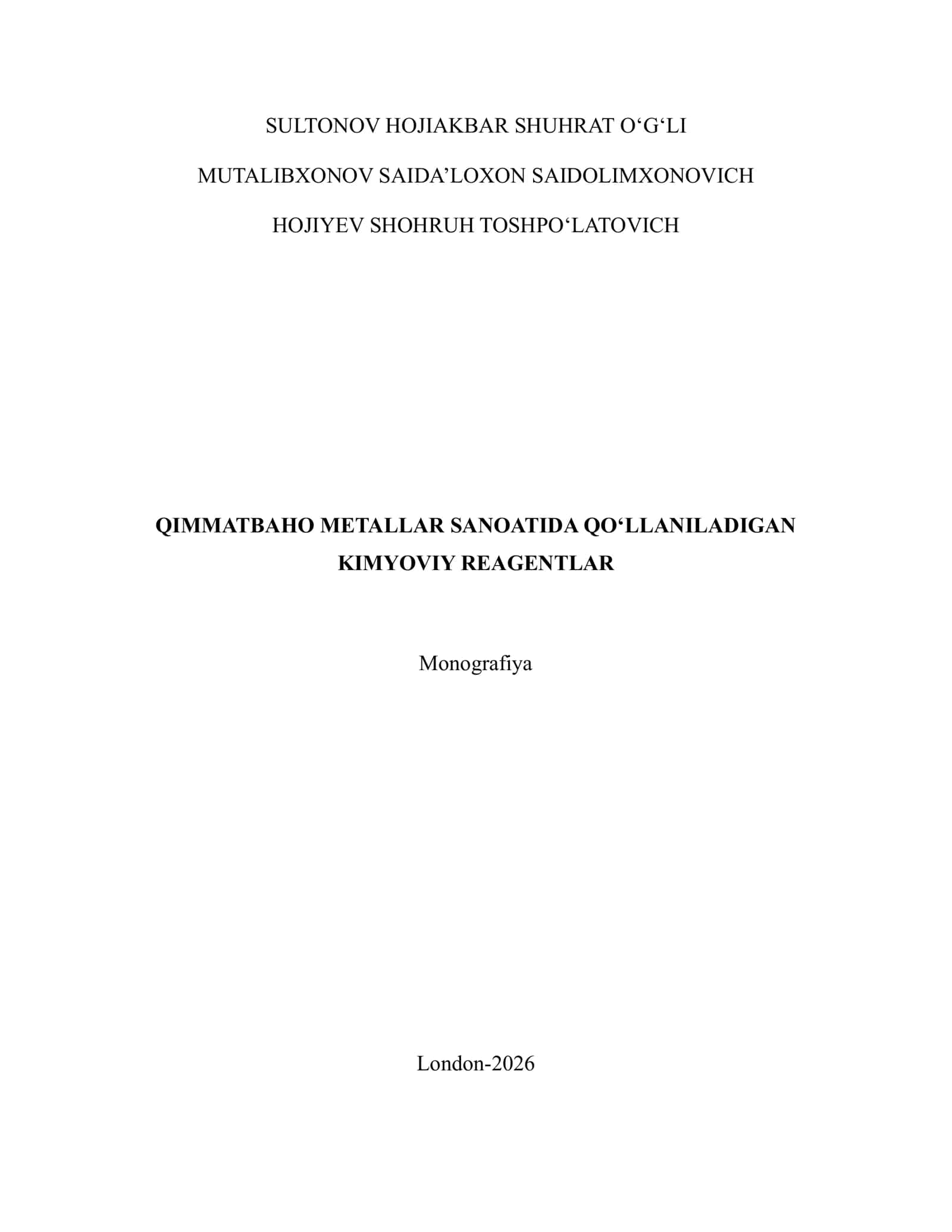 Qimmatbaho metallar sanoatida qo‘llaniladigan kimyoviy reagentlar