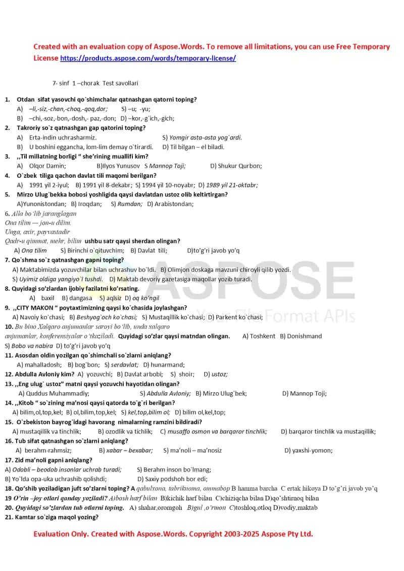 7-sinf 1-2-3-4-chorak test