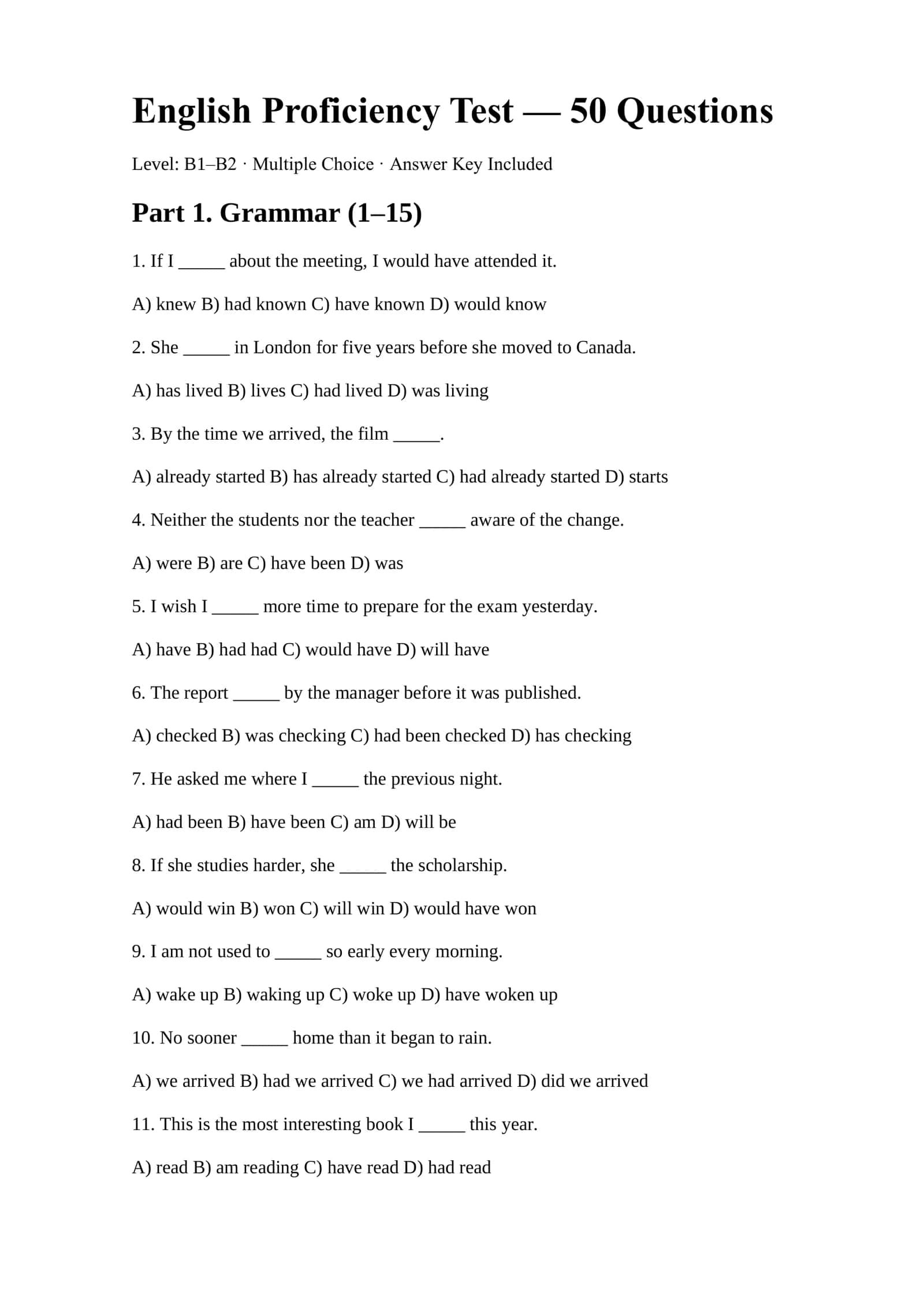 English Proficiency Test — 50 Questions