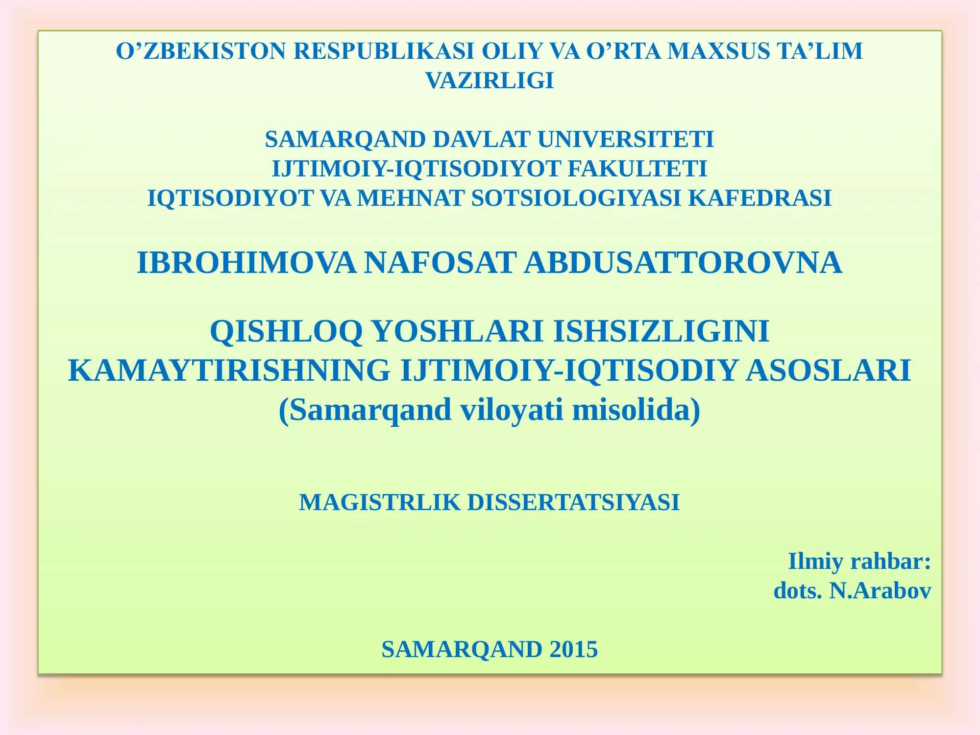 QISHLOQ YOSHLARI ISHSIZLIGINI KAMAYTIRISHNING IJTIMOIY-IQTISODIY ASOSLARI