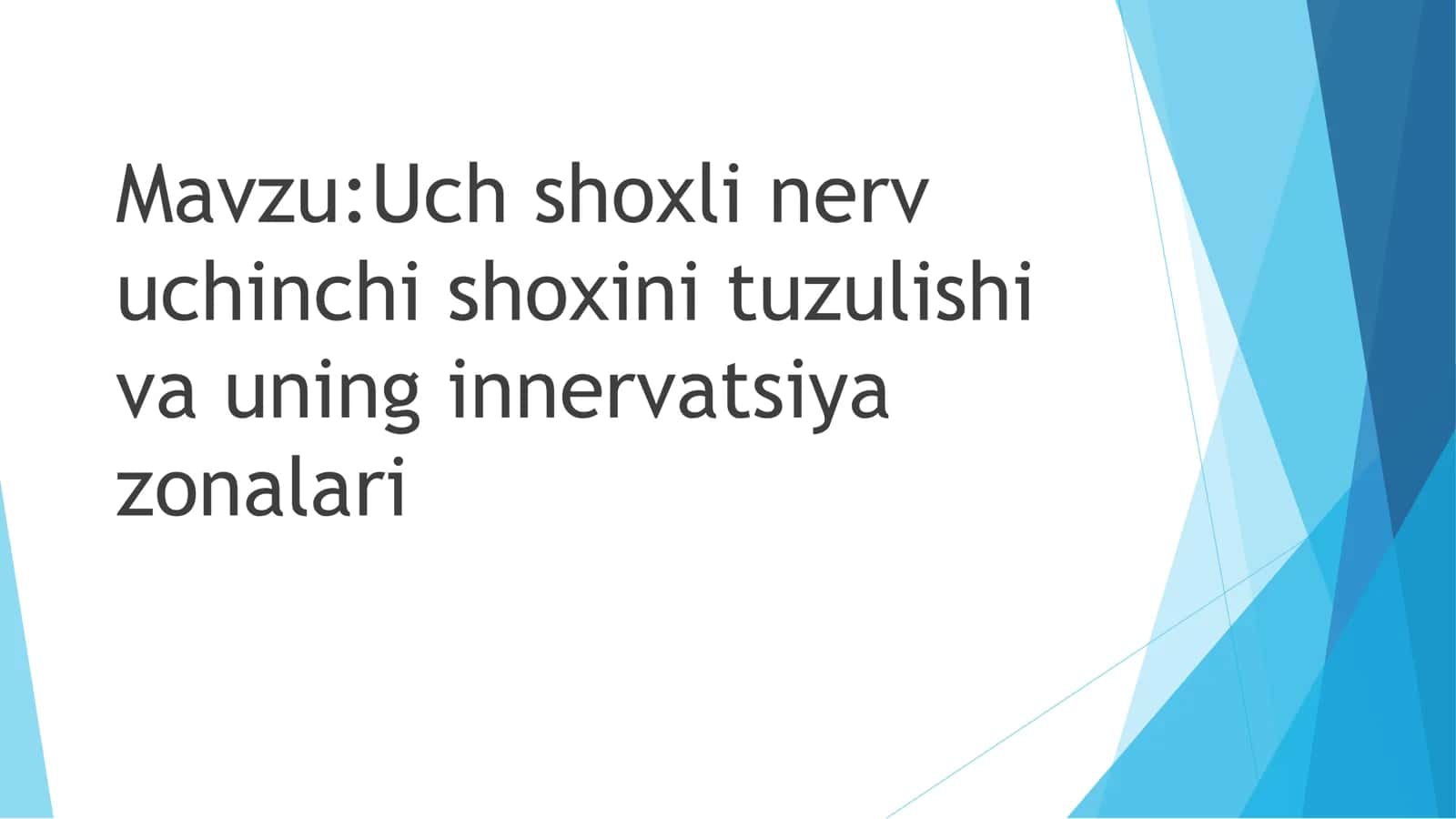 Uch shoxli nerv, uchinchi shoxini tuzulishi va uning innervatsiya zonalari