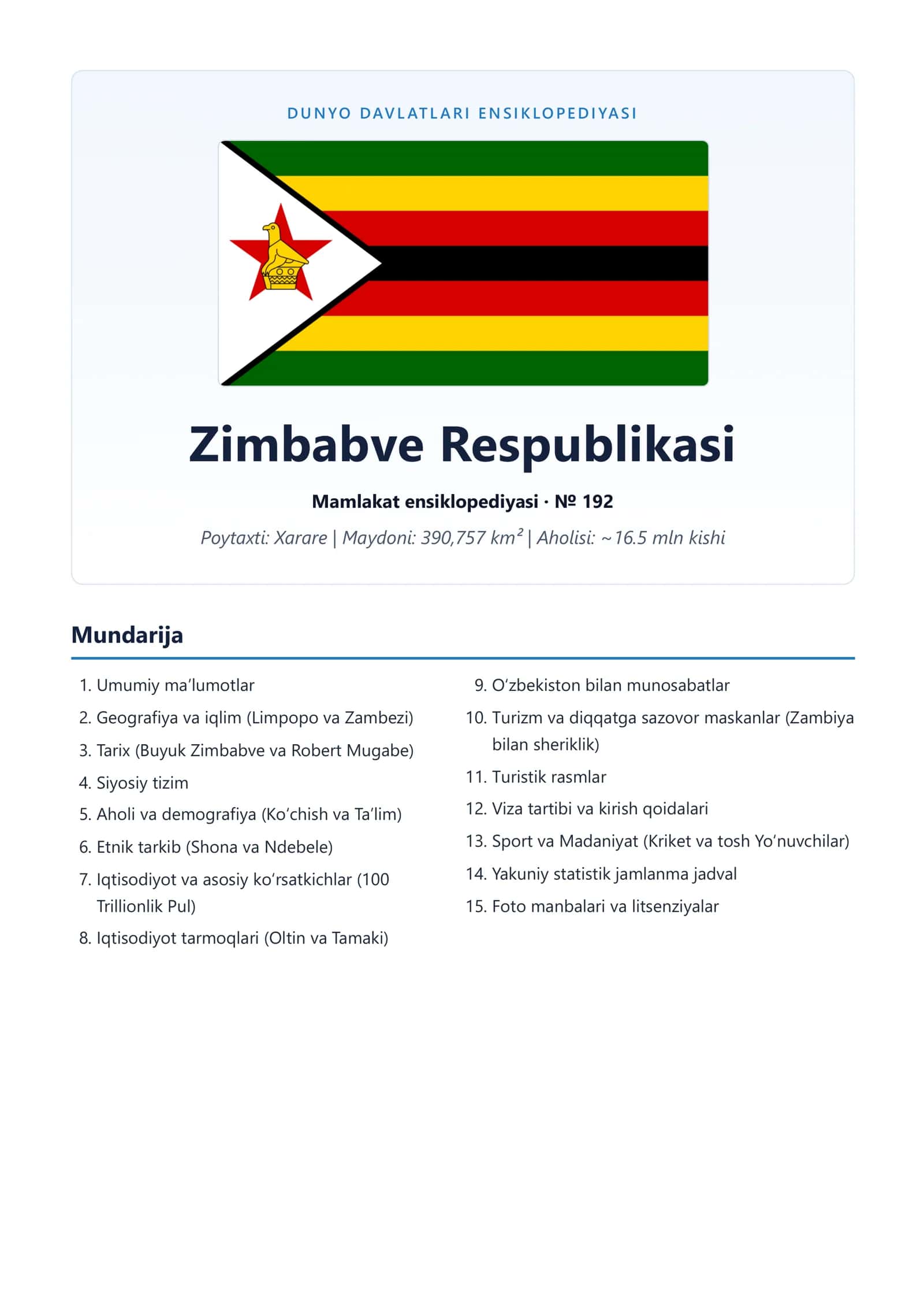 Zimbabve Respublikasi Mamlakat ensiklopediyasi