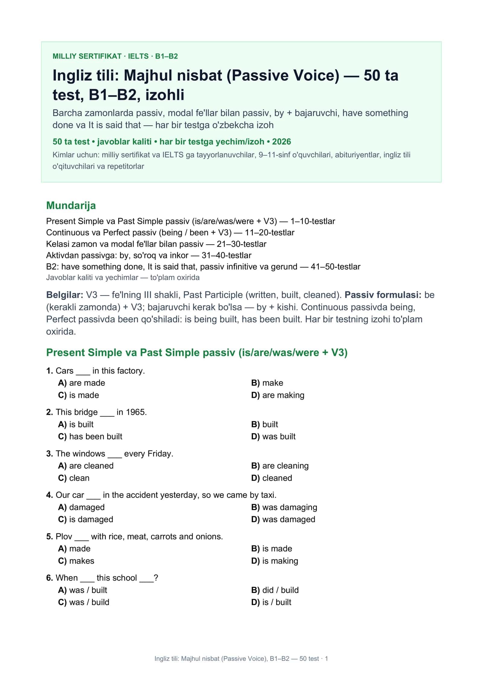 Ingliz tili: Majhul nisbat (Passive Voice), B1–B2