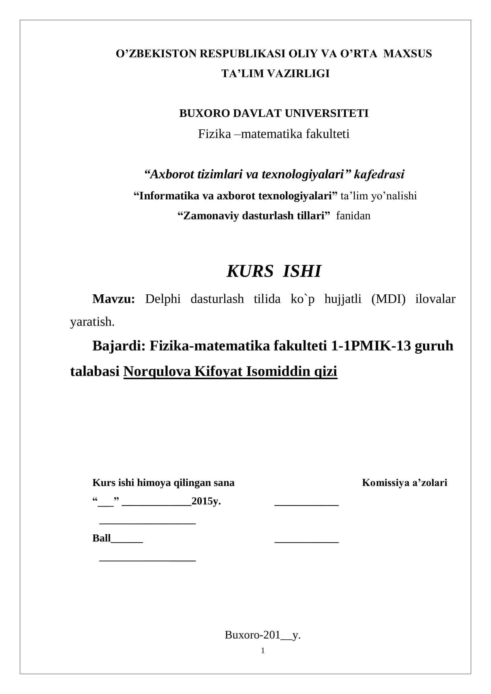 Delphi dasturlash tilida ko`p hujjatli (MDI) ilovalar yaratish