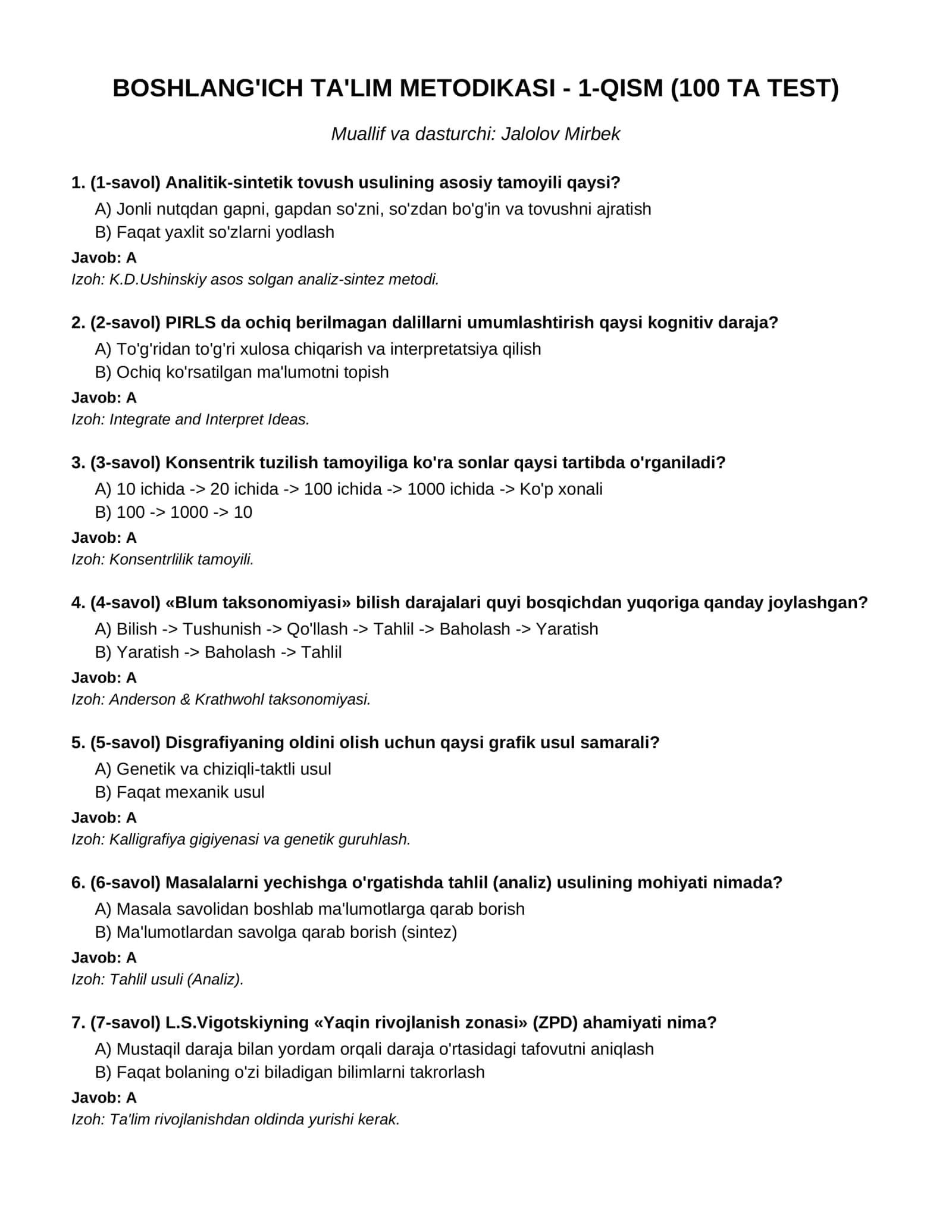 BOSHLANG'ICH TA'LIM METODIKASI - 1-QISM (100 TA TEST)