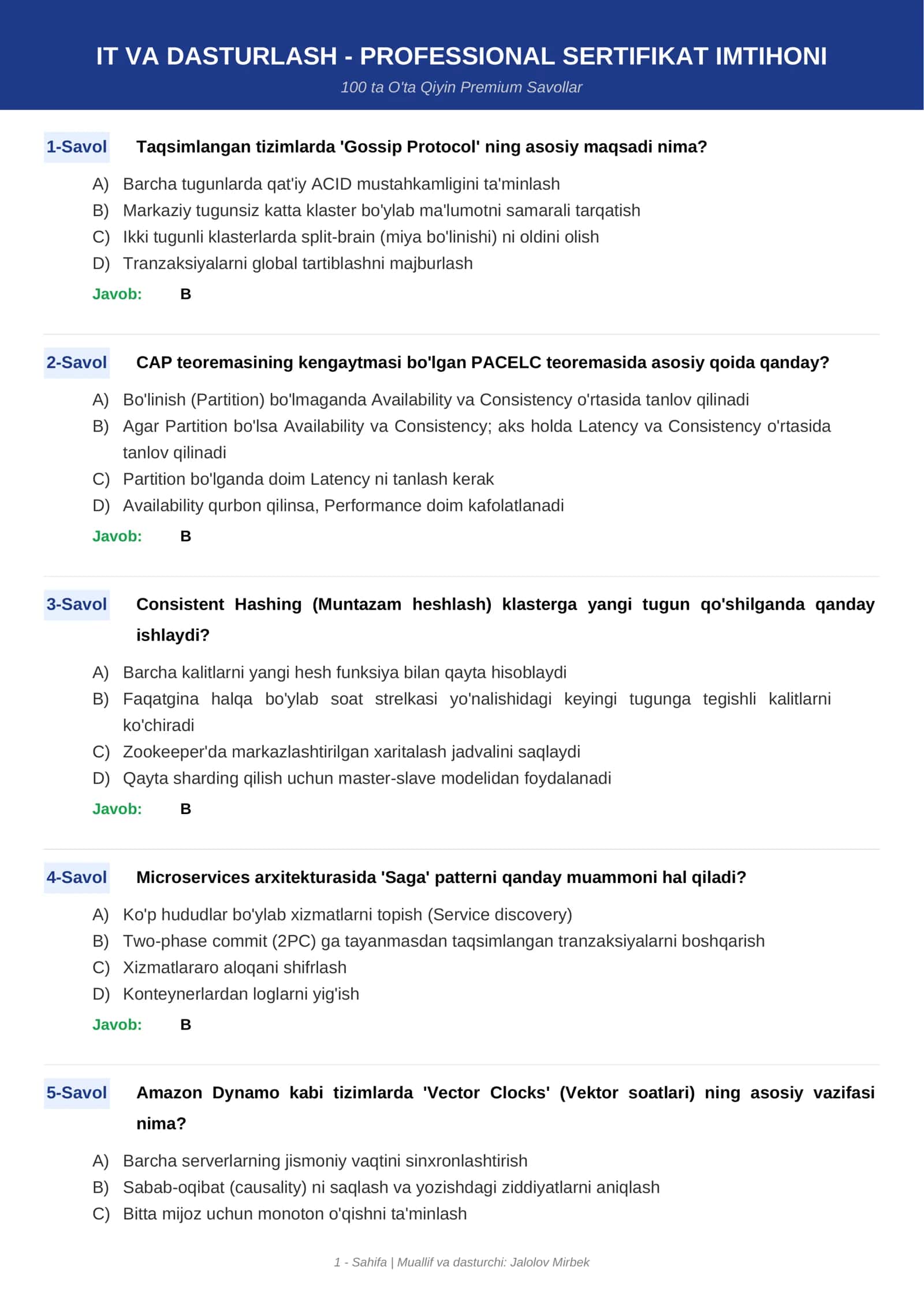 IT VA DASTURLASH - PROFESSIONAL SERTIFIKAT IMTIHONI