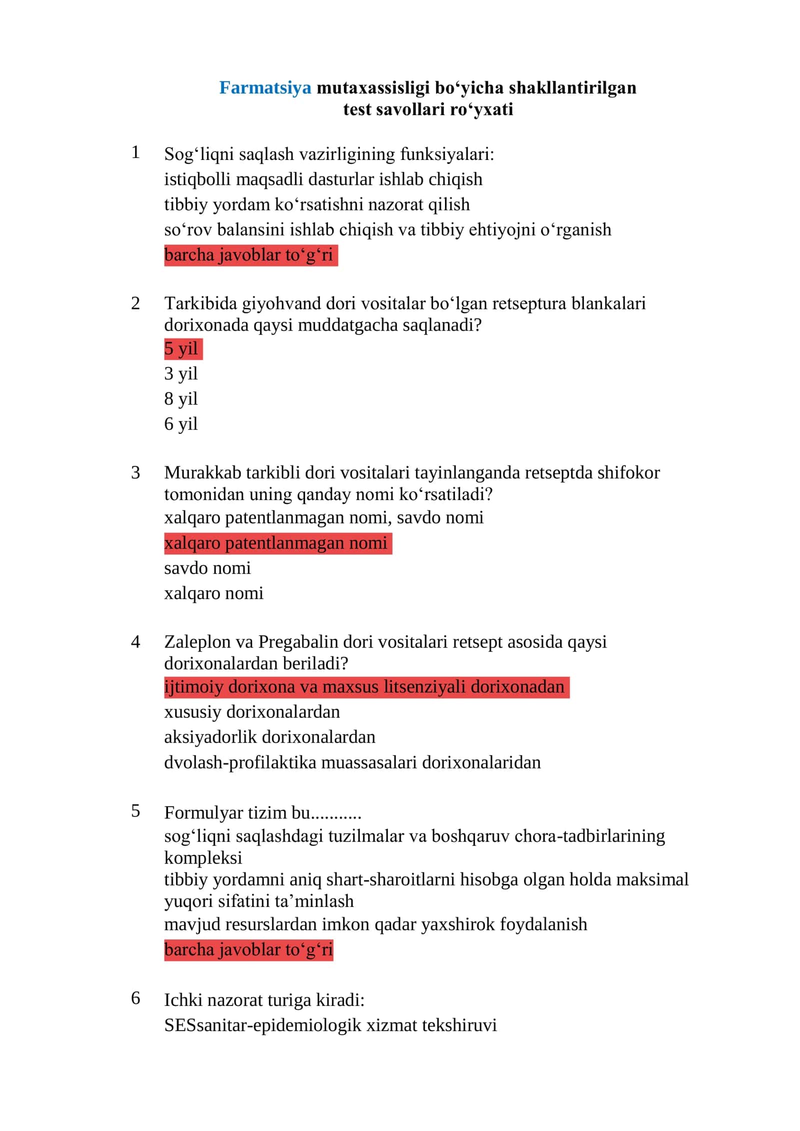 Farmatsiya mutaxassisligi boʻyicha shakllantirilgan test savollari roʻyxati javoblari bilan