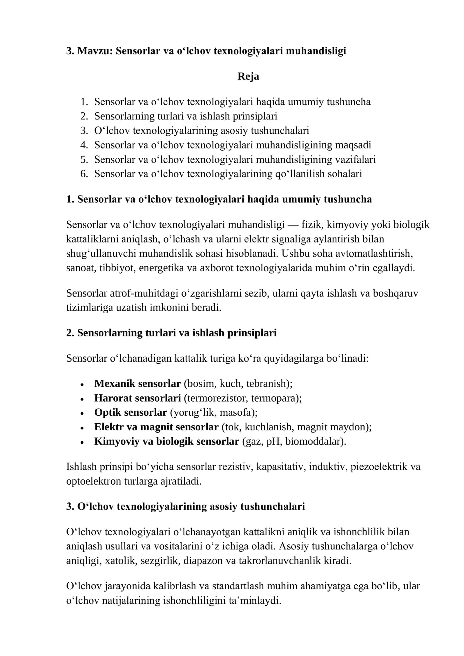 Sensorlar va o‘lchov texnologiyalari muhandisligi