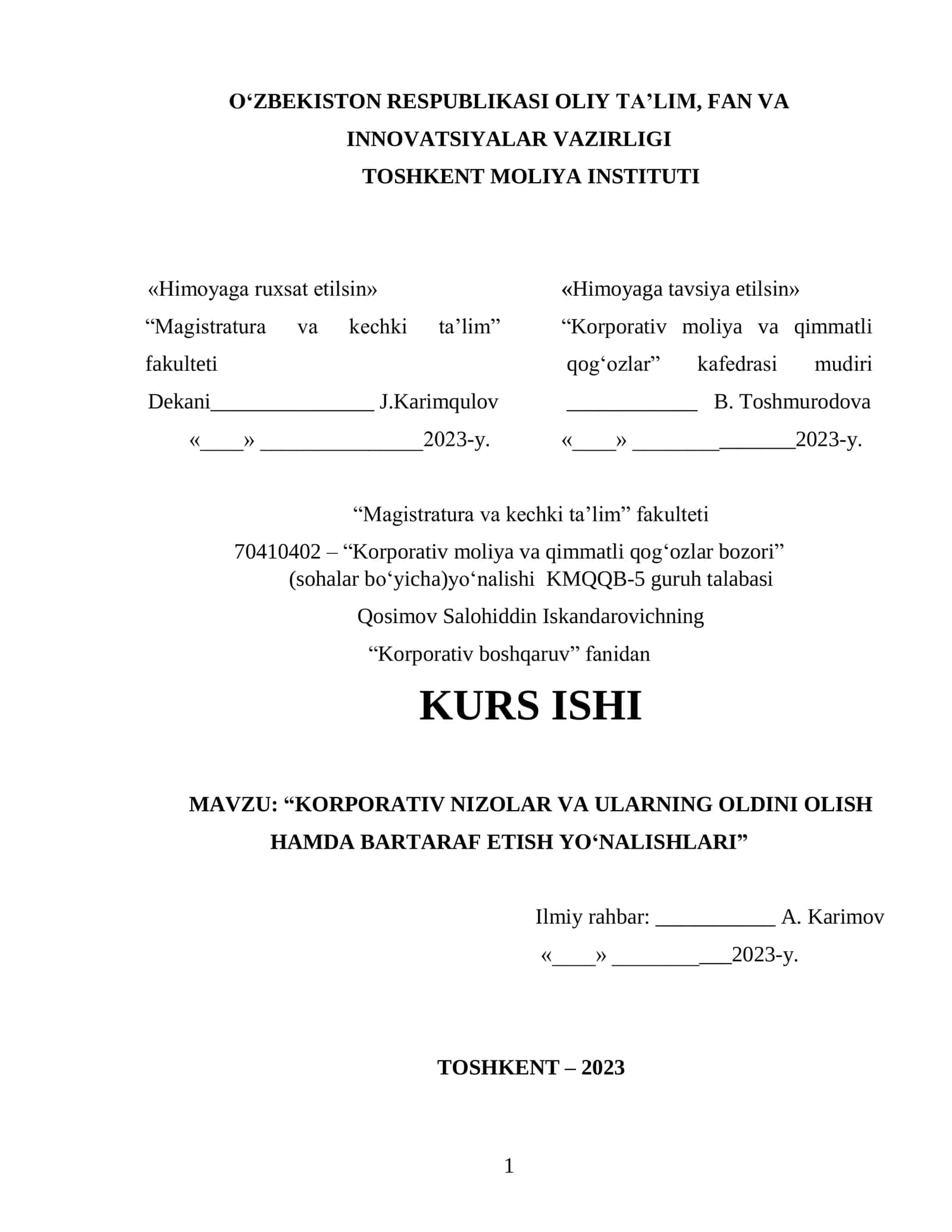 KORPORATIV NIZOLAR VA ULARNING OLDINI OLISH HAMDA BARTARAF ETISH YO‘NALISHLARI