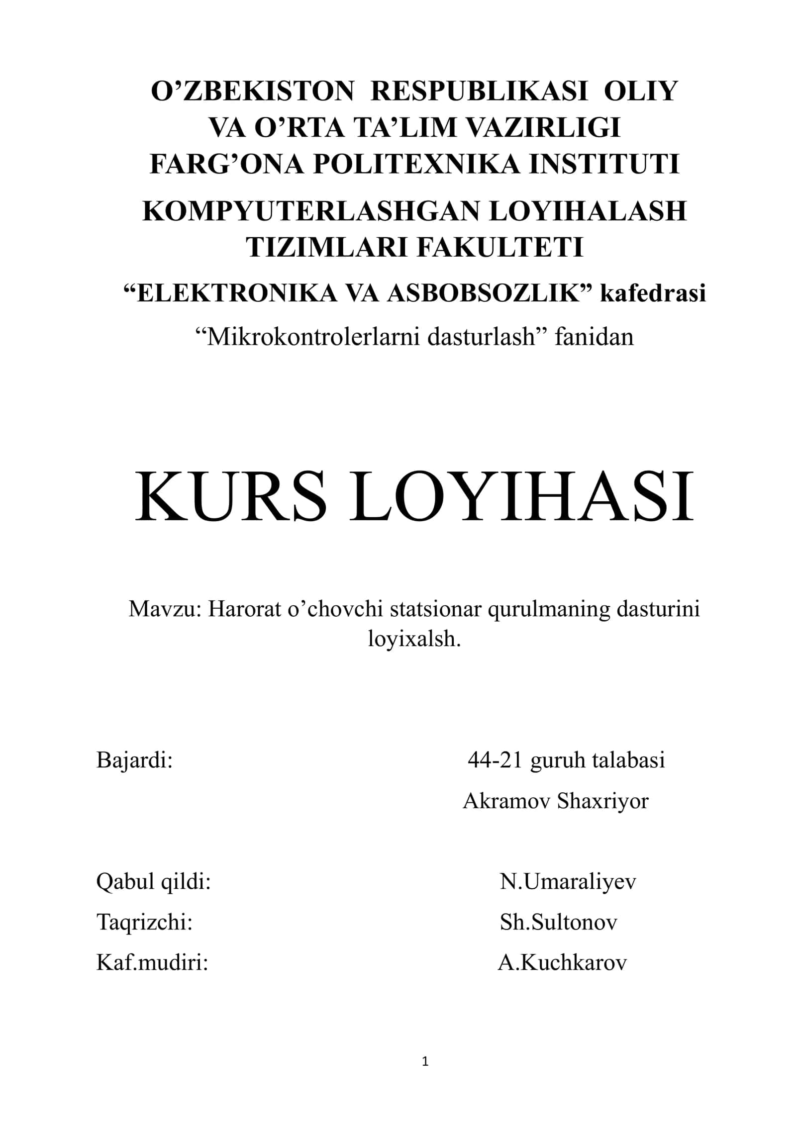 Harorat o’chovchi statsionar qurulmaning dasturini loyixalsh