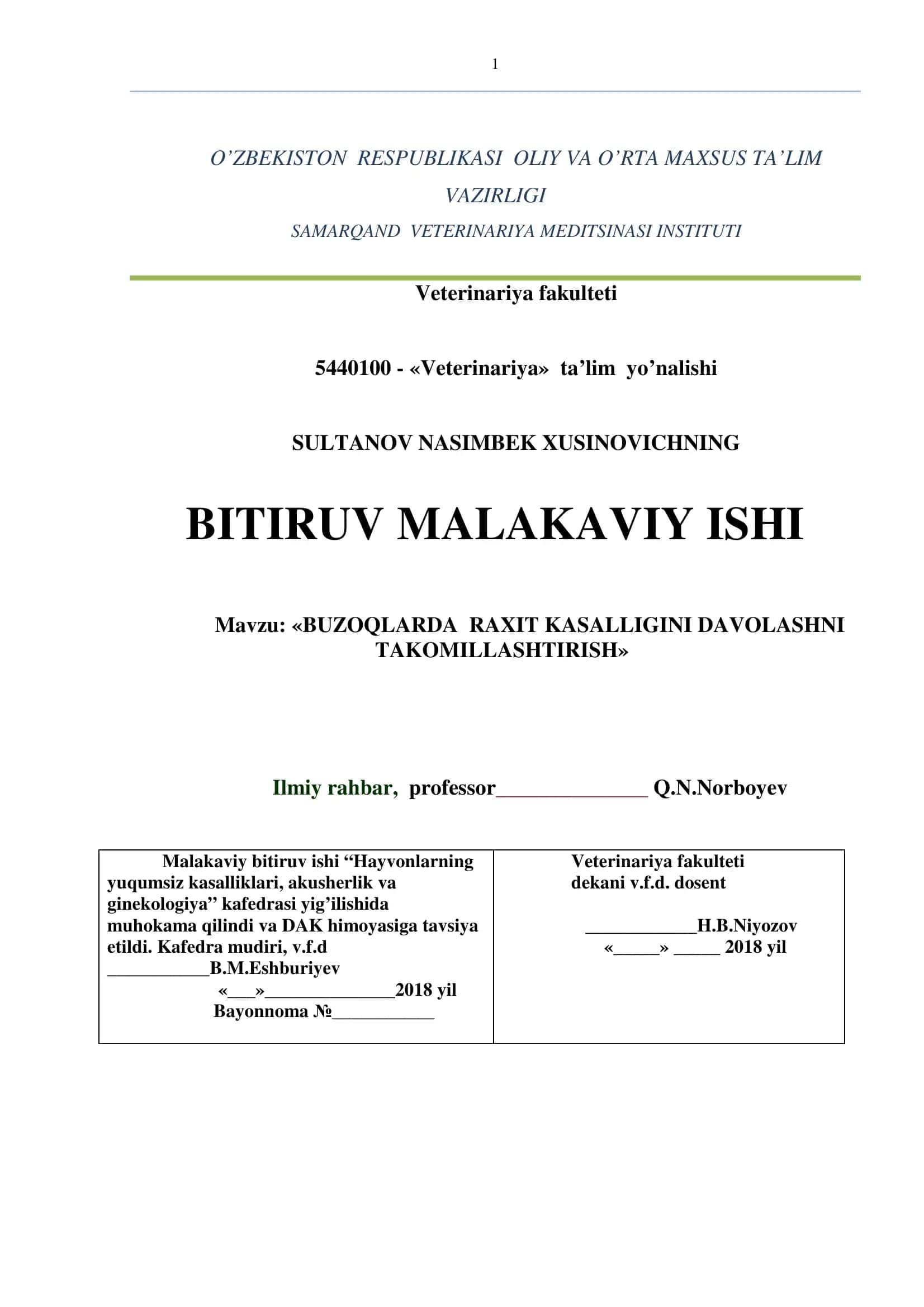 BUZOQLARDA RAXIT KASALLIGINI DAVOLASHNI TAKOMILLASHTIRISH