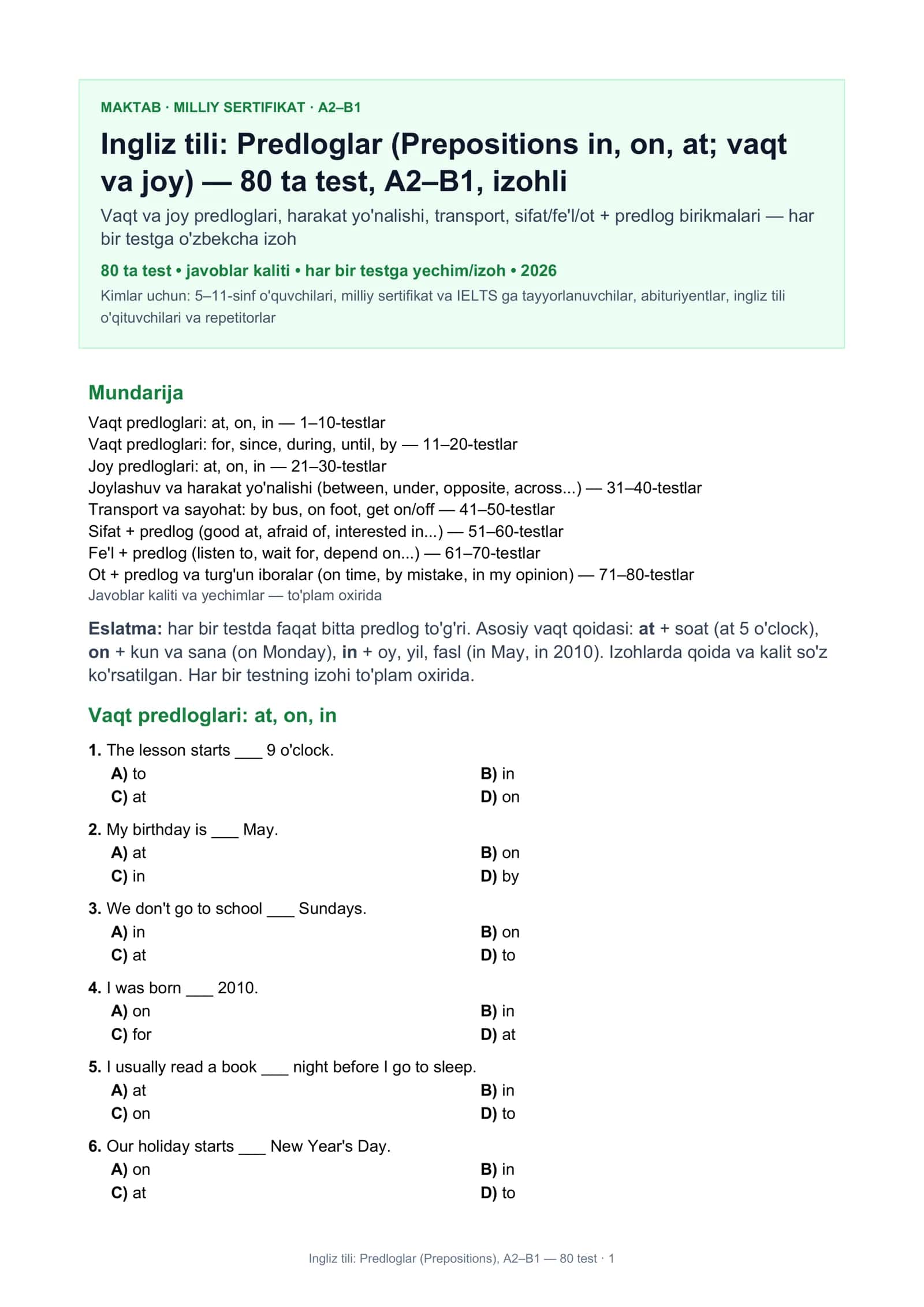 Ingliz tili: Predloglar (Prepositions)