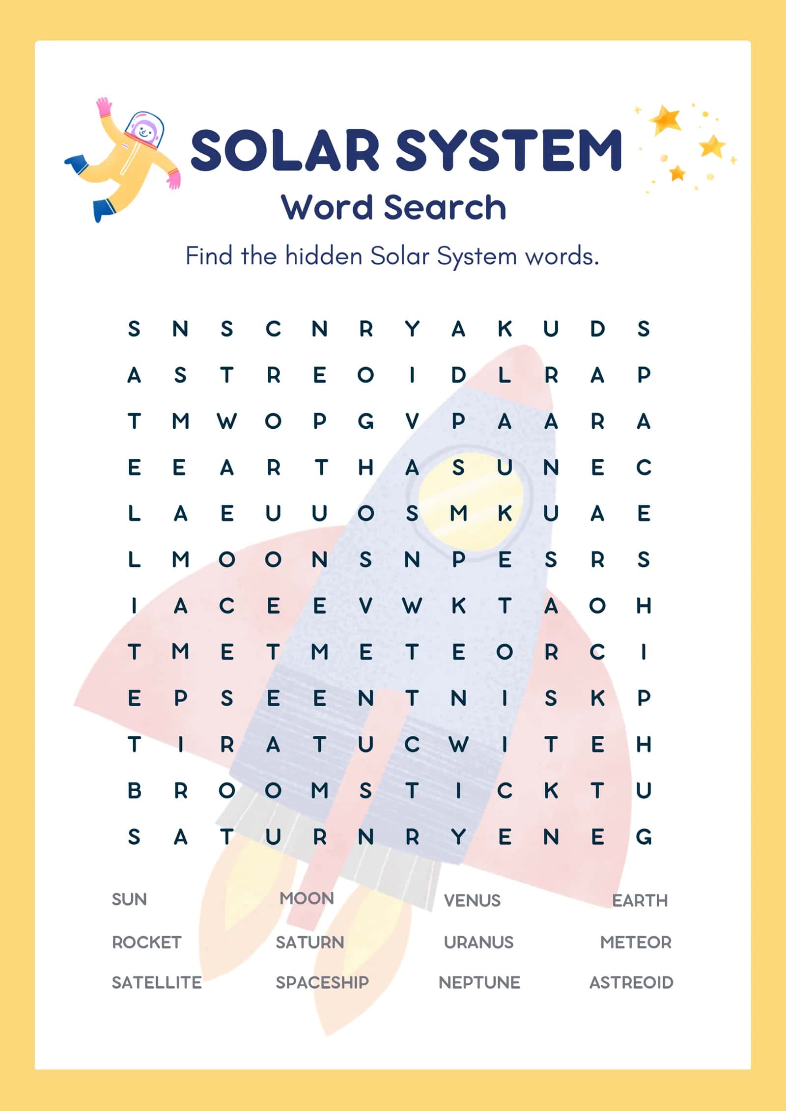 Quyosh tizimi: Qiziqarli "Wordsearch" va Javoblar kaliti (Solar System, PDF)