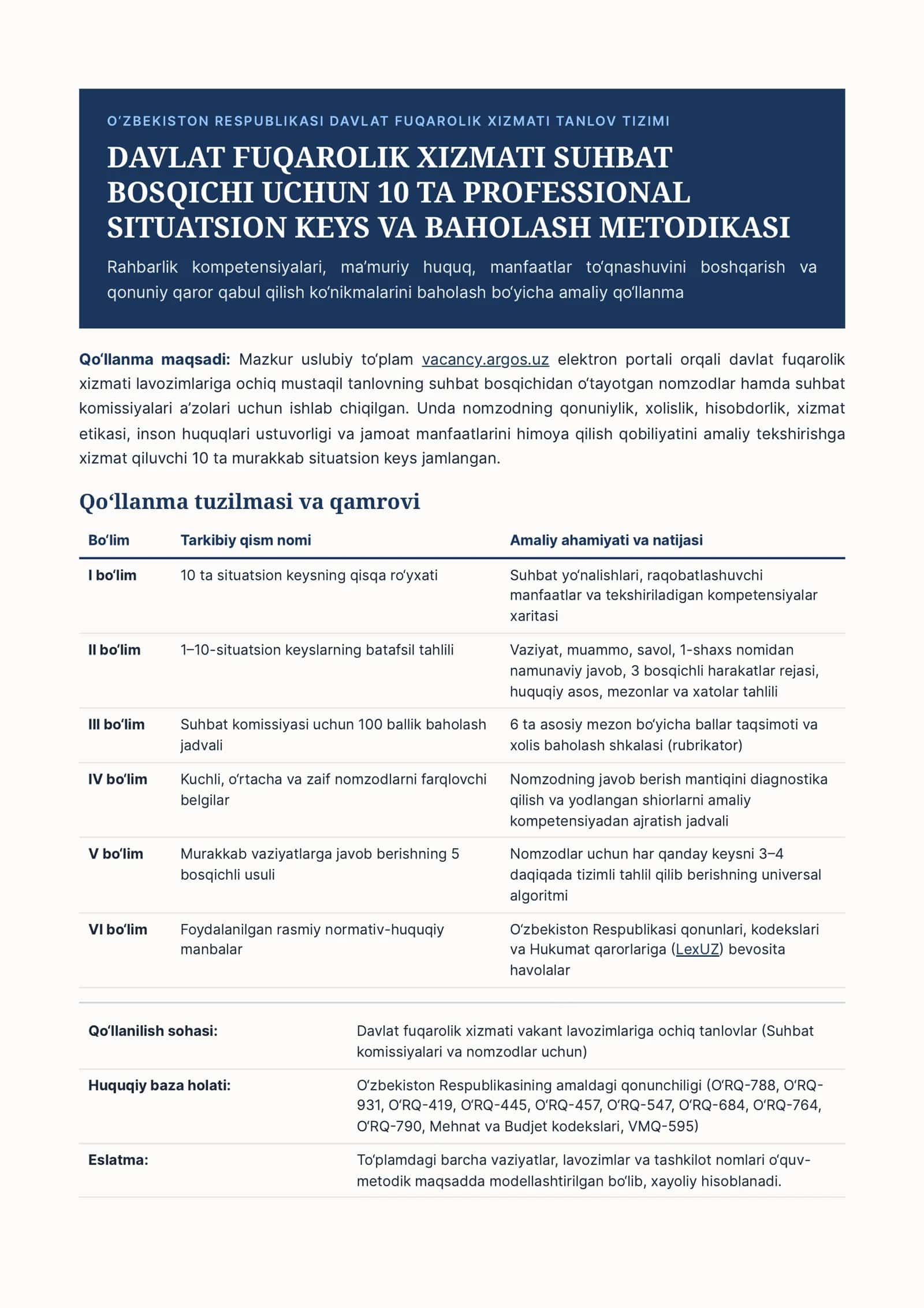 vacancy.argos.uz suhbati uchun 10 ta situatsion keys va qonuniy javoblar to‘plami (PDF)