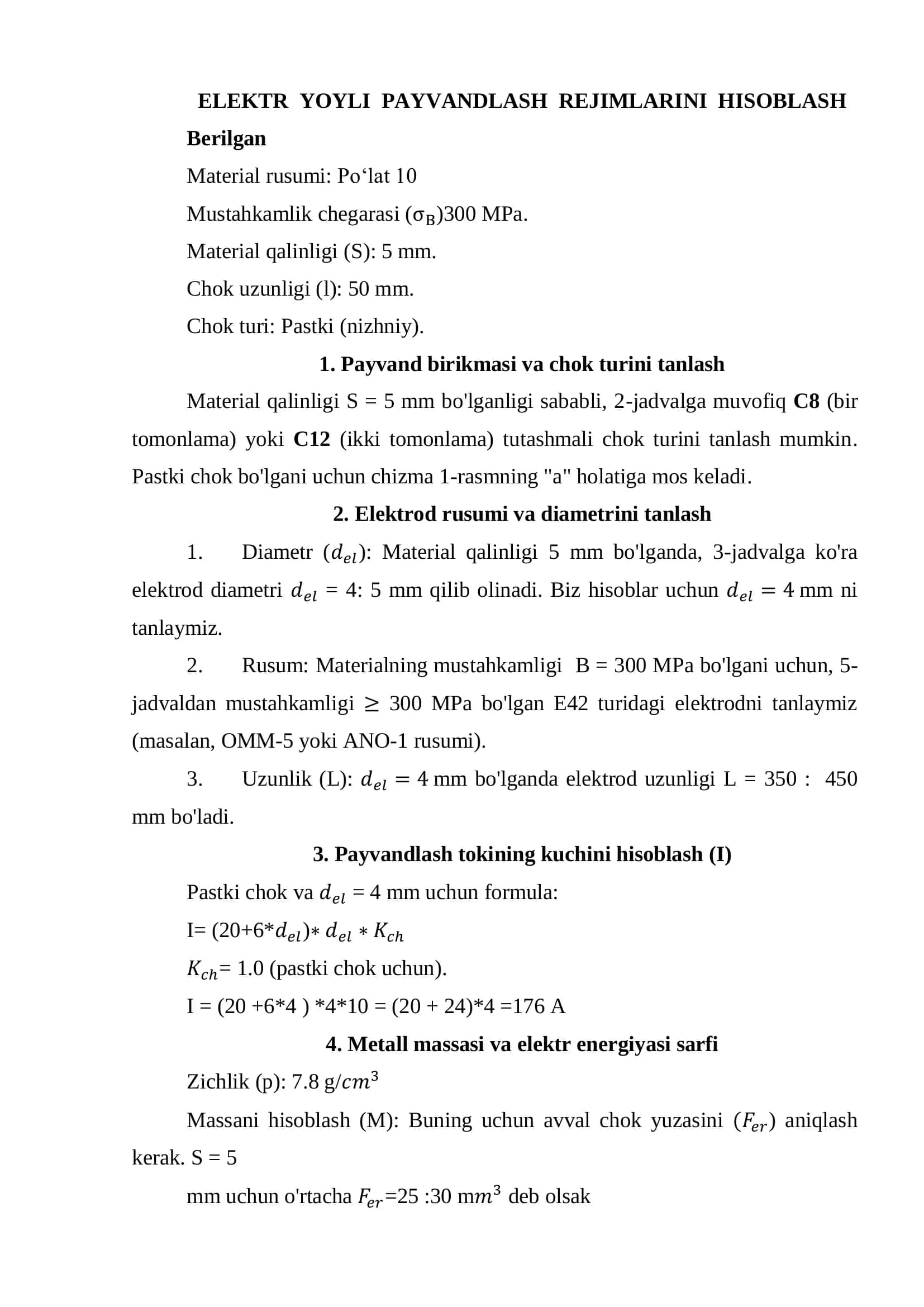 ELEKTR YOYLI PAYVANDLASH REJIMLARINI HISOBLASH