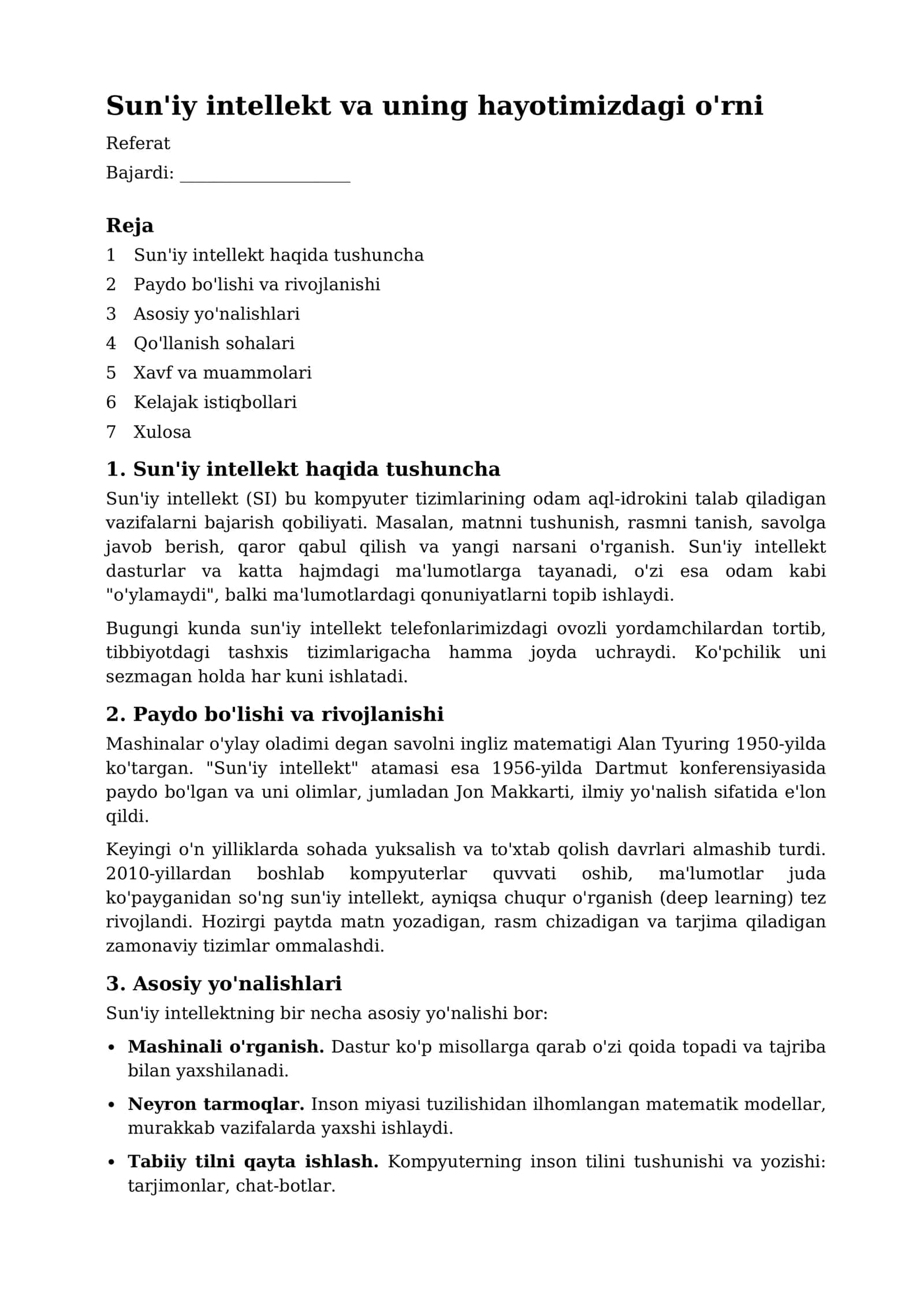 Sun'iy intellekt va uning hayotimizdagi o'rni
