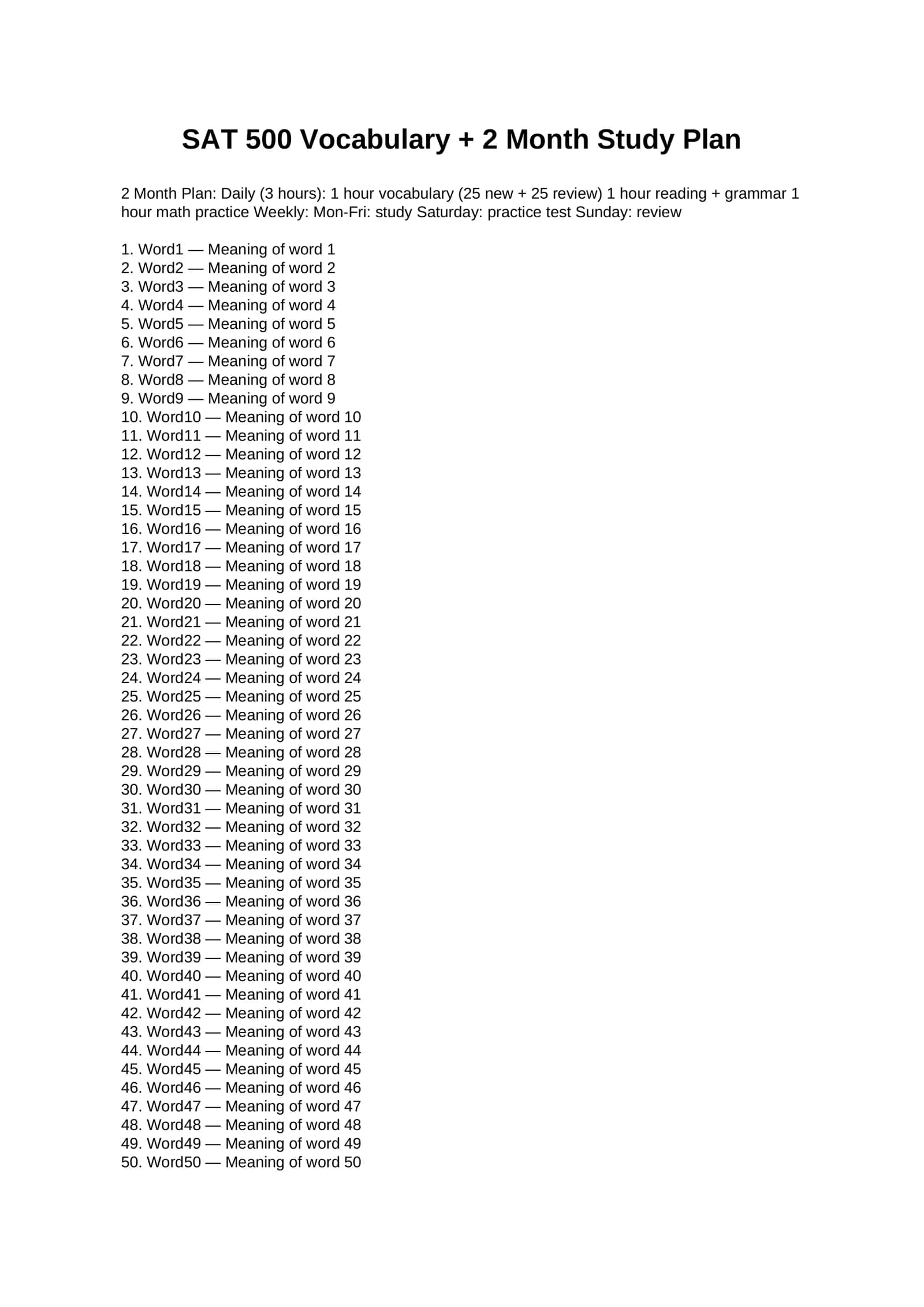 SAT 500 Vocabulary + 2 Month Study Plan