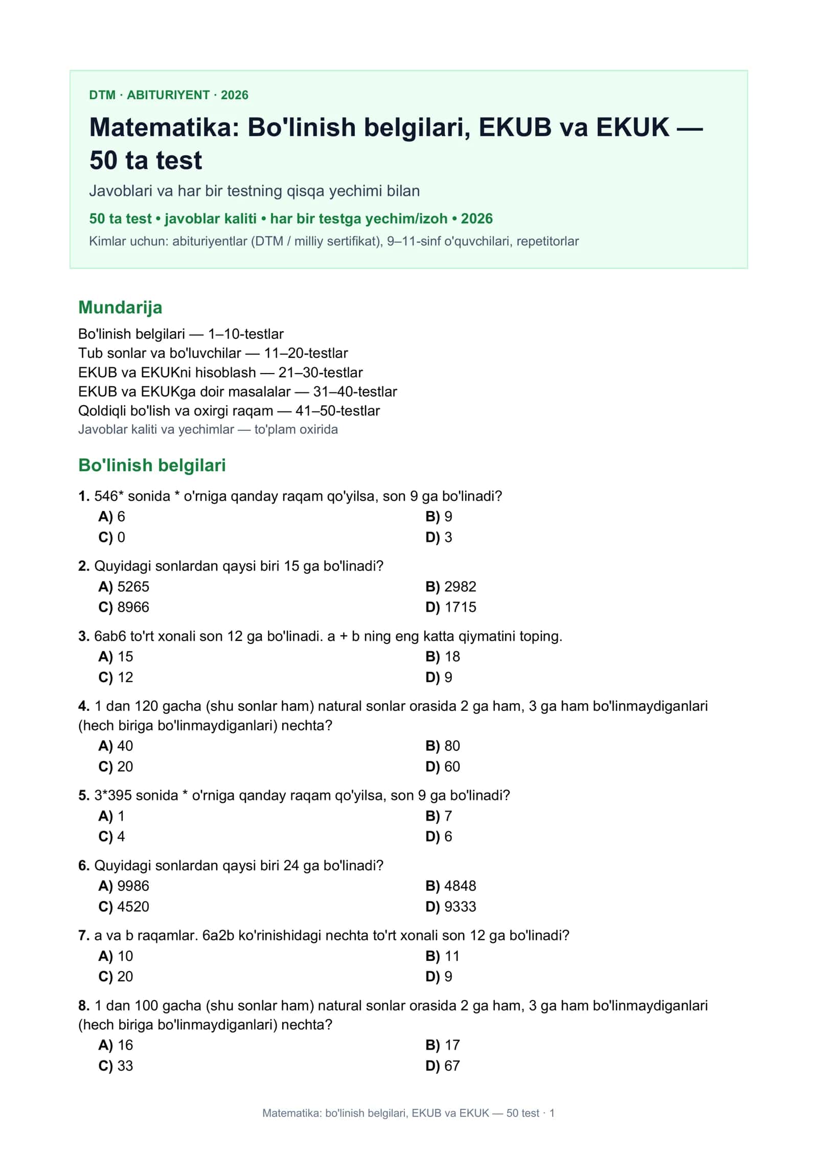 Matematika: Bo'linish belgilari, EKUB va EKUK — 50 test