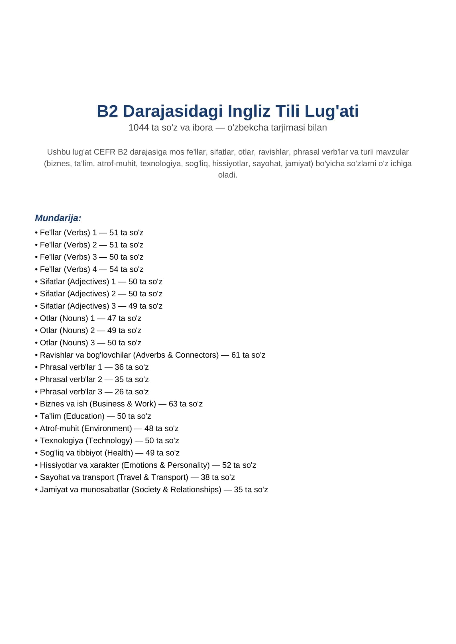 B2 Darajasidagi Ingliz Tili Lug'ati