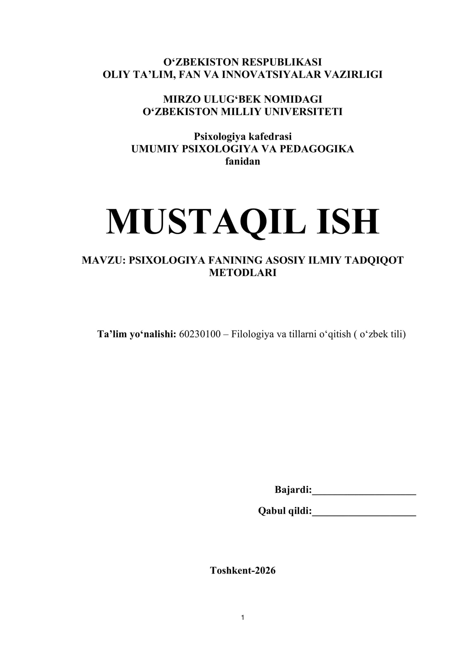 PSIXOLOGIYA FANINING ASOSIY ILMIY TADQIQOT METODLARI