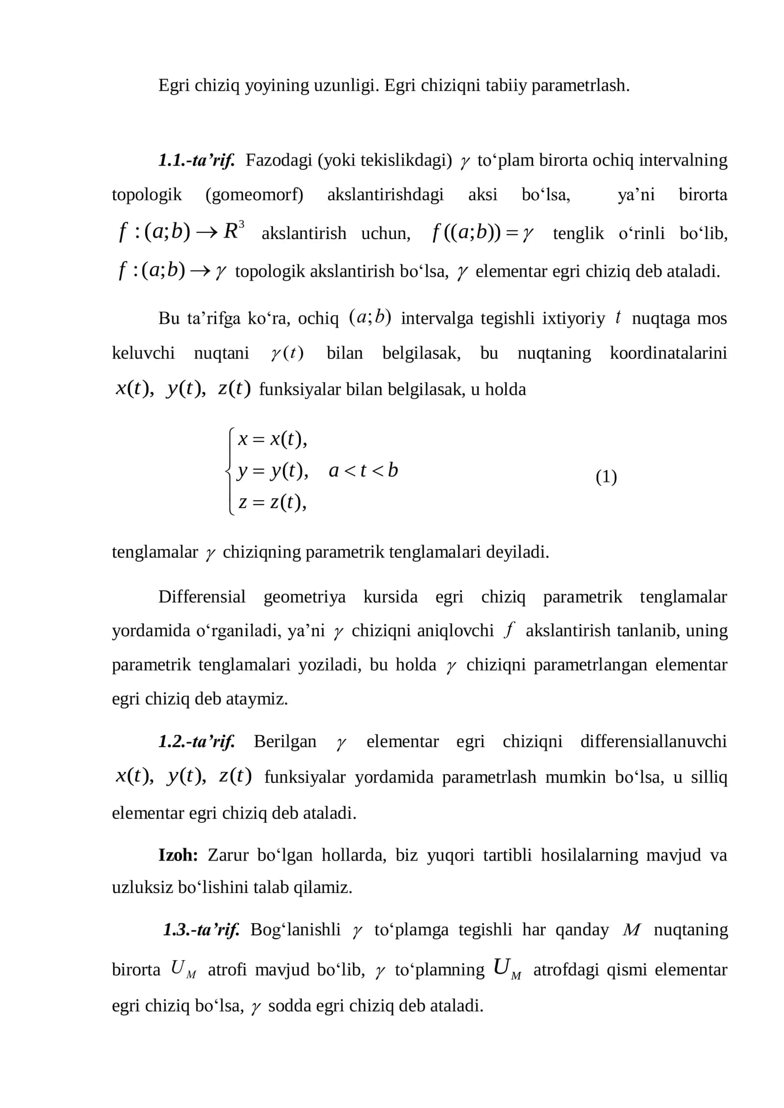 Egri chiziq yoyining uzunligi. Egri chiziqni tabiiy parametrlash