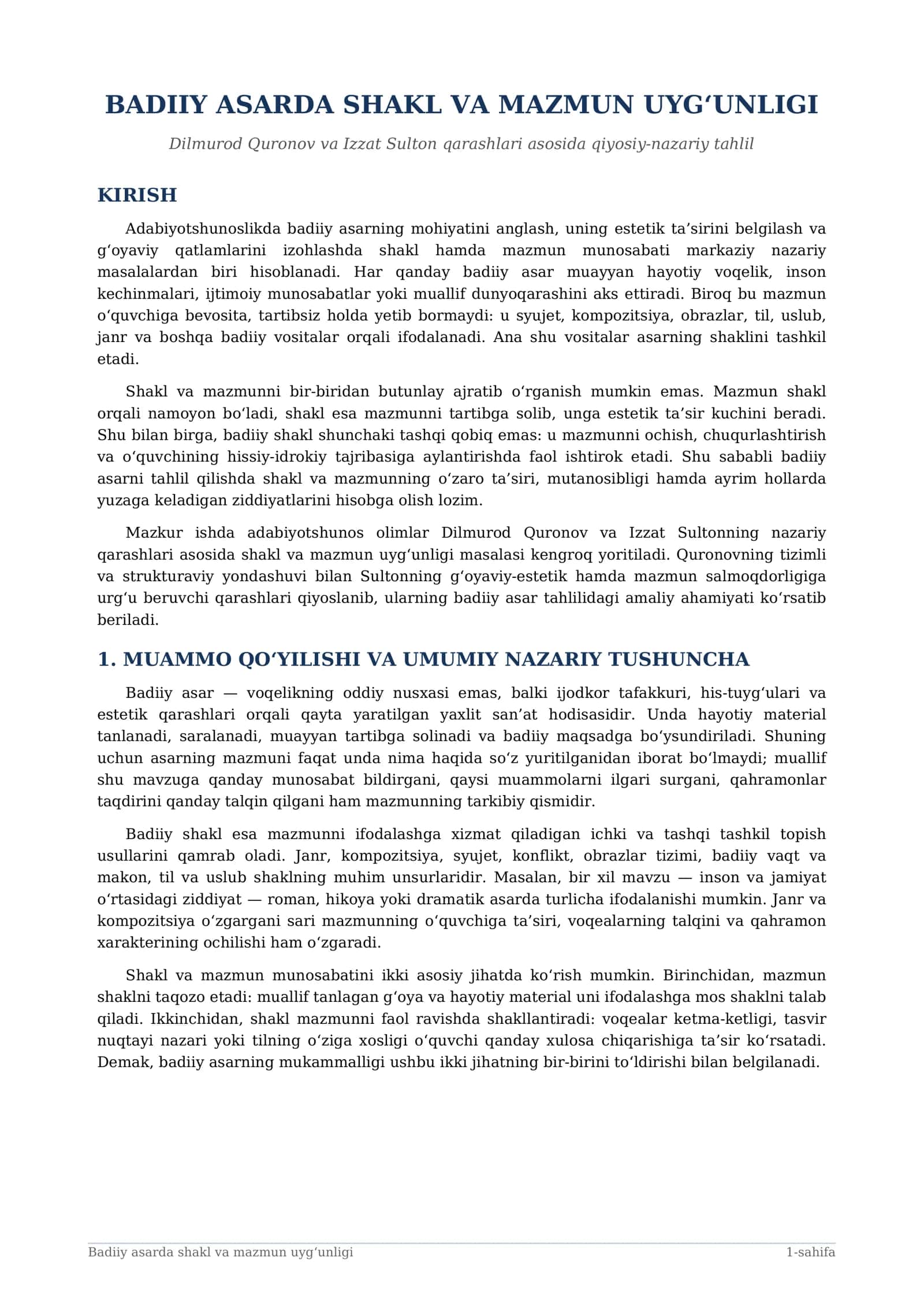 BADIIY ASARDA SHAKL VA MAZMUN UYG‘UNLIGI