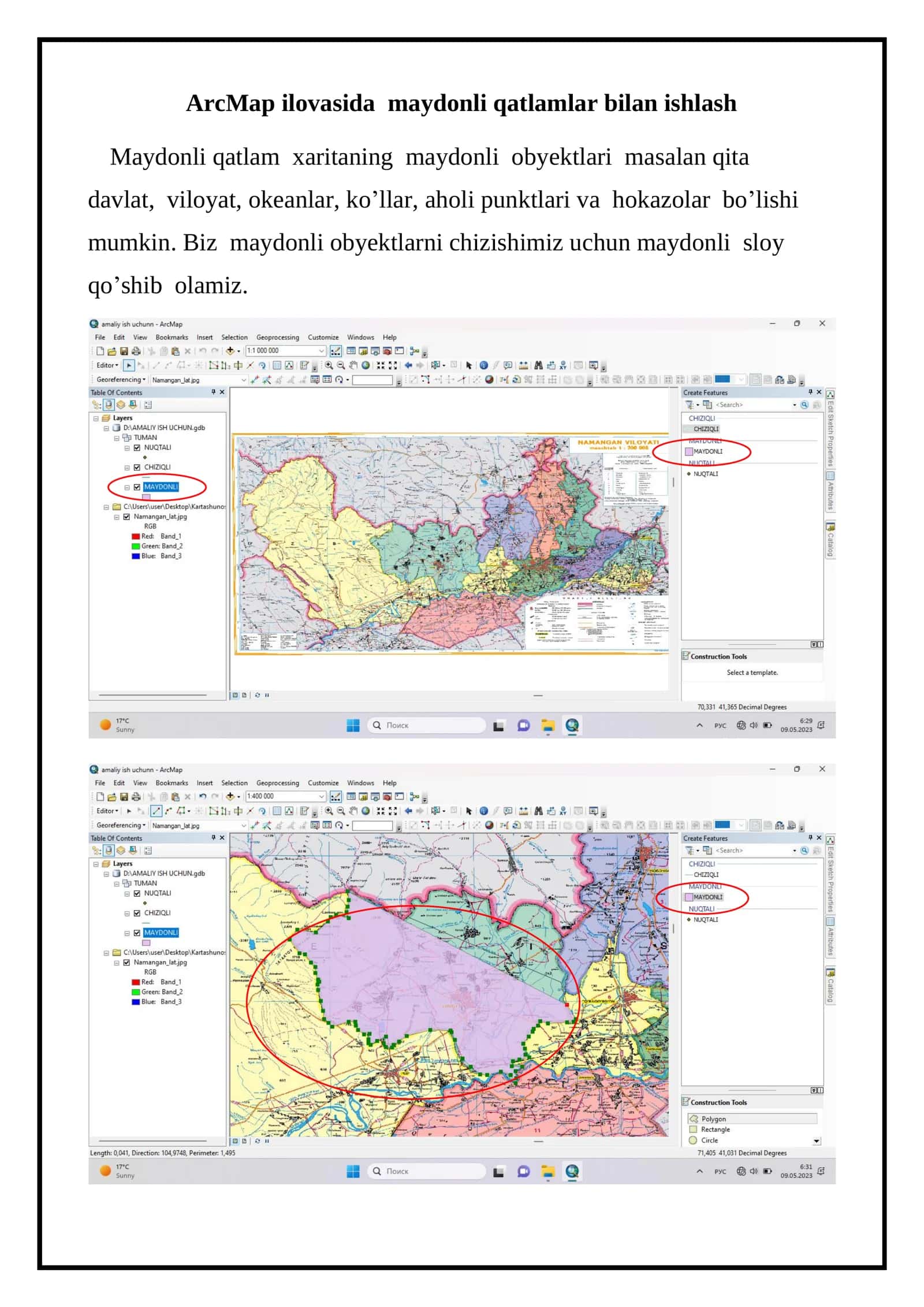 ArcMap ilovasida maydonli qatlamlar bilan ishlash