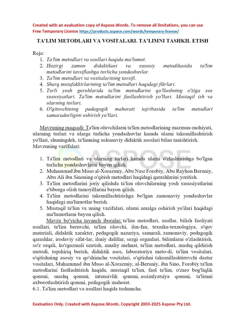 Ta’lim metodlari va vositalari