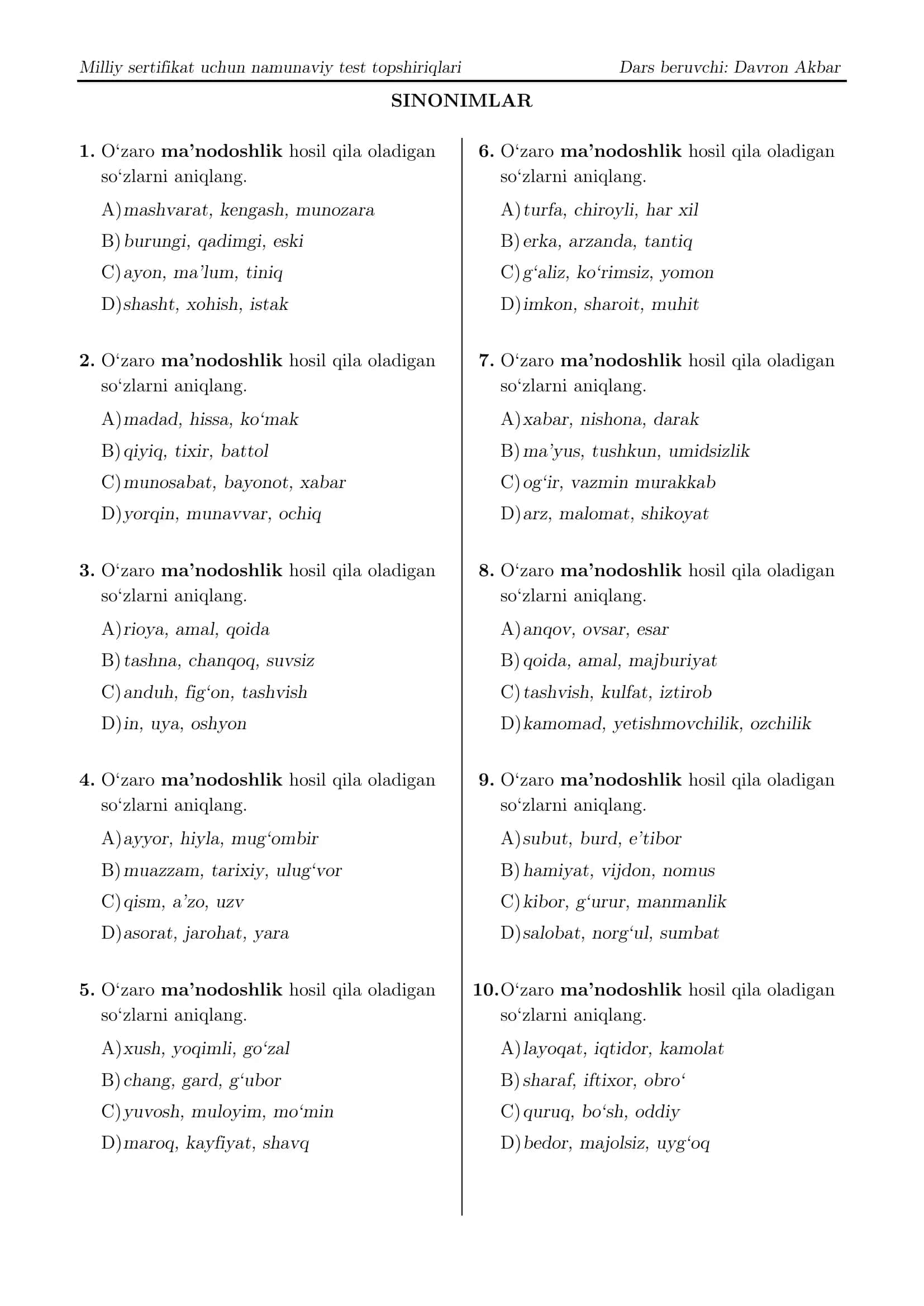Namunaviy test topshiriqlari - sinonimlar