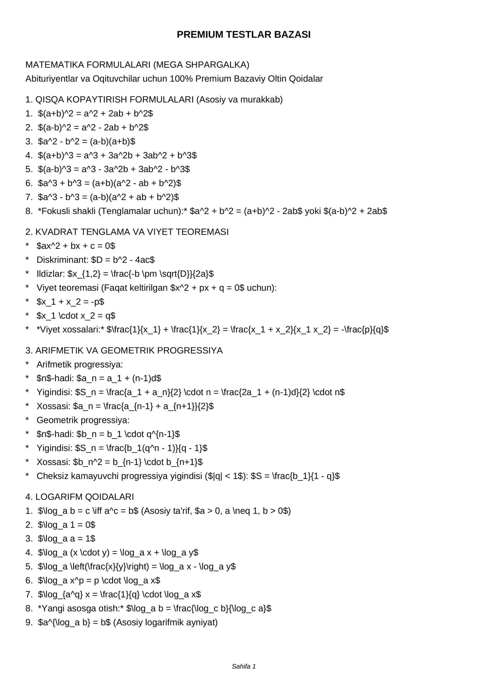 MATEMATIKA FORMULALARI (MEGA SHPARGALKA)