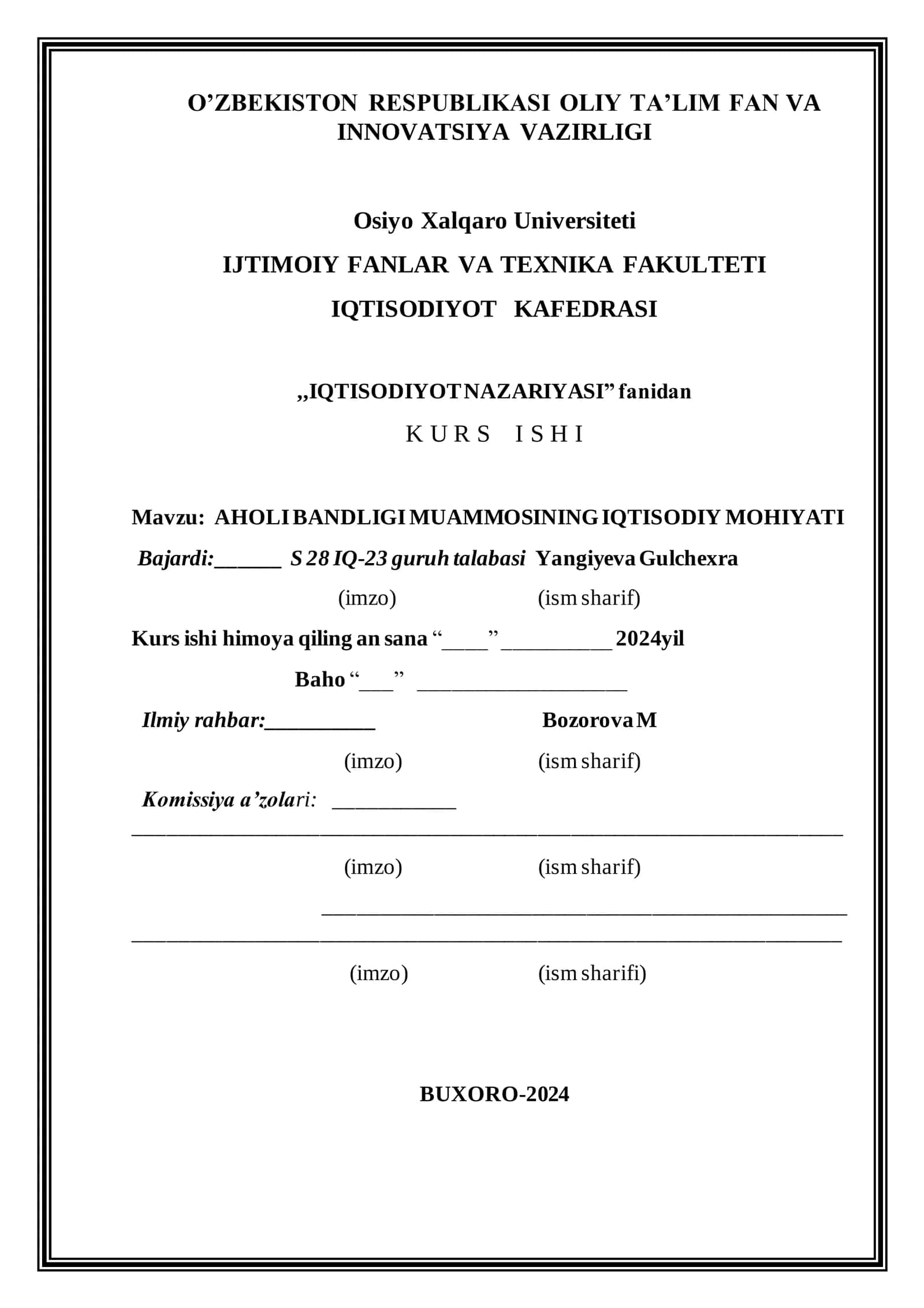 AHOLI BANDLIGI MUAMMOSINING IQTISODIY MOHIYATI