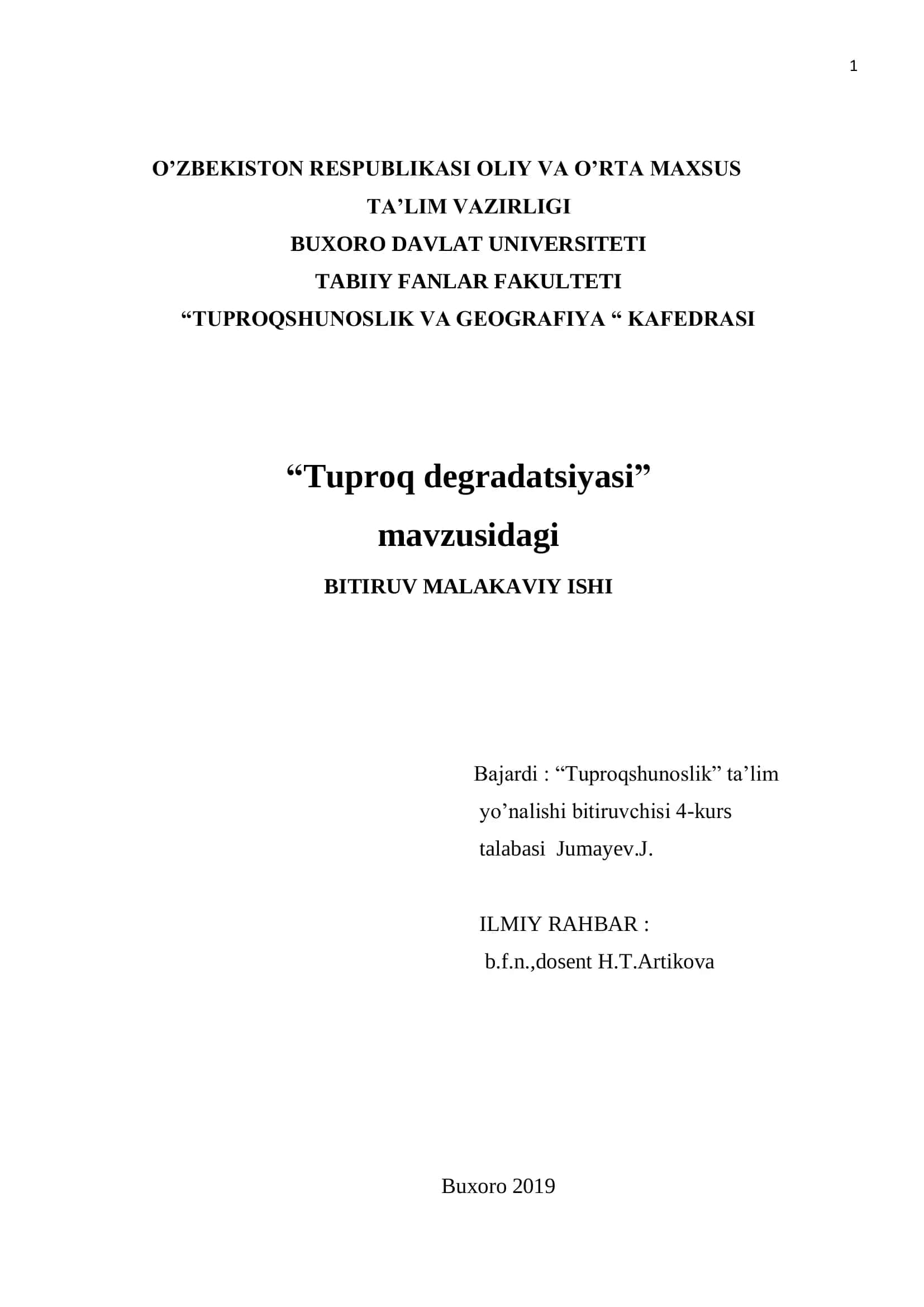 Malakaviy ish "Tuproq degradatsiyasi"