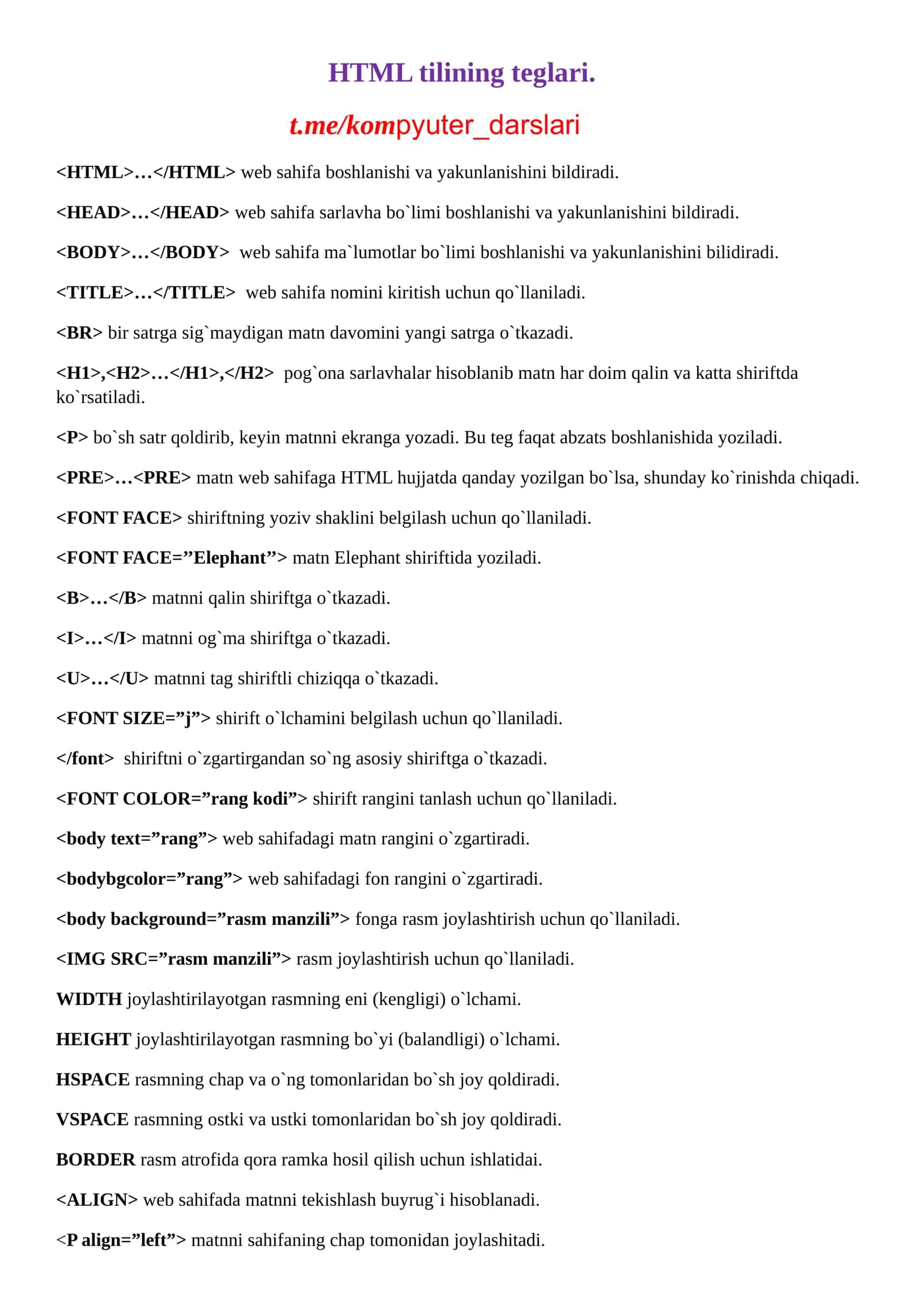 HTML tilining teglari